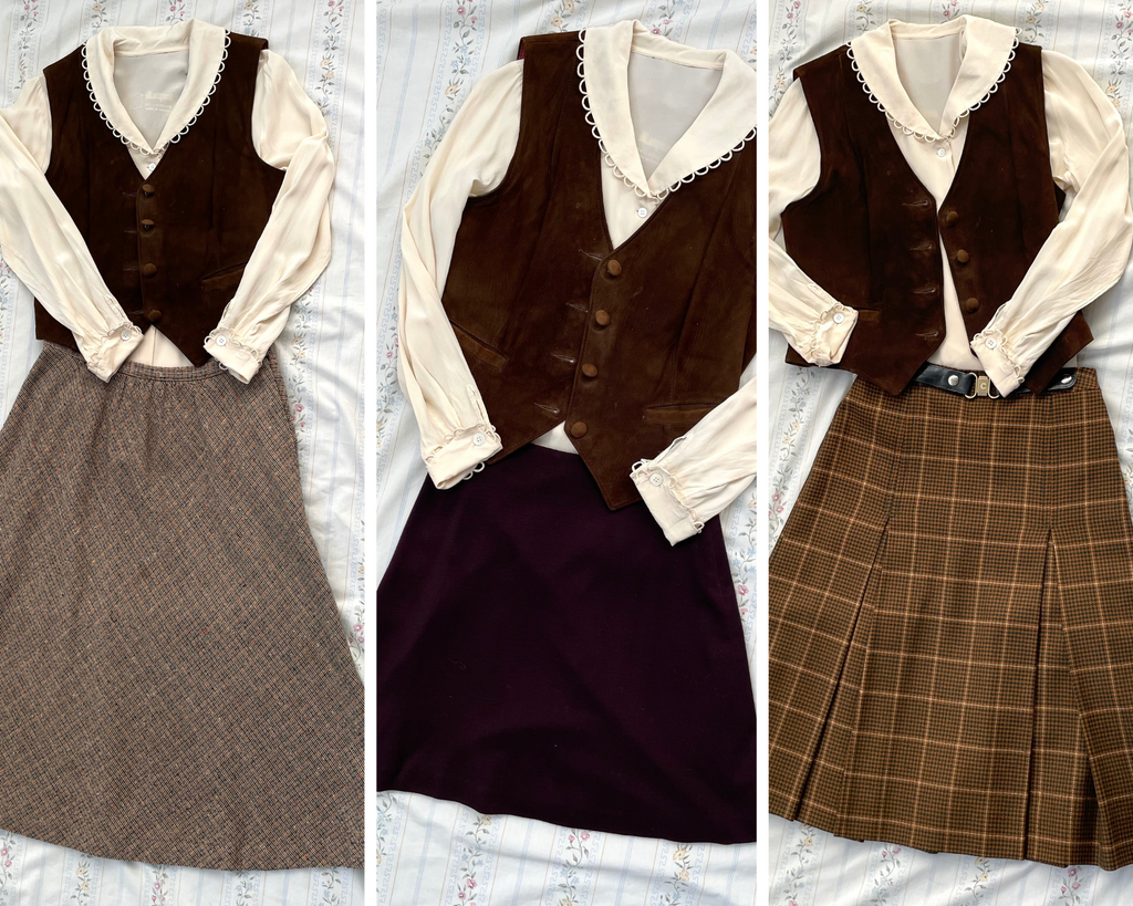 Three Skirts Paired with Suede Vest and Cream Silk Blouse