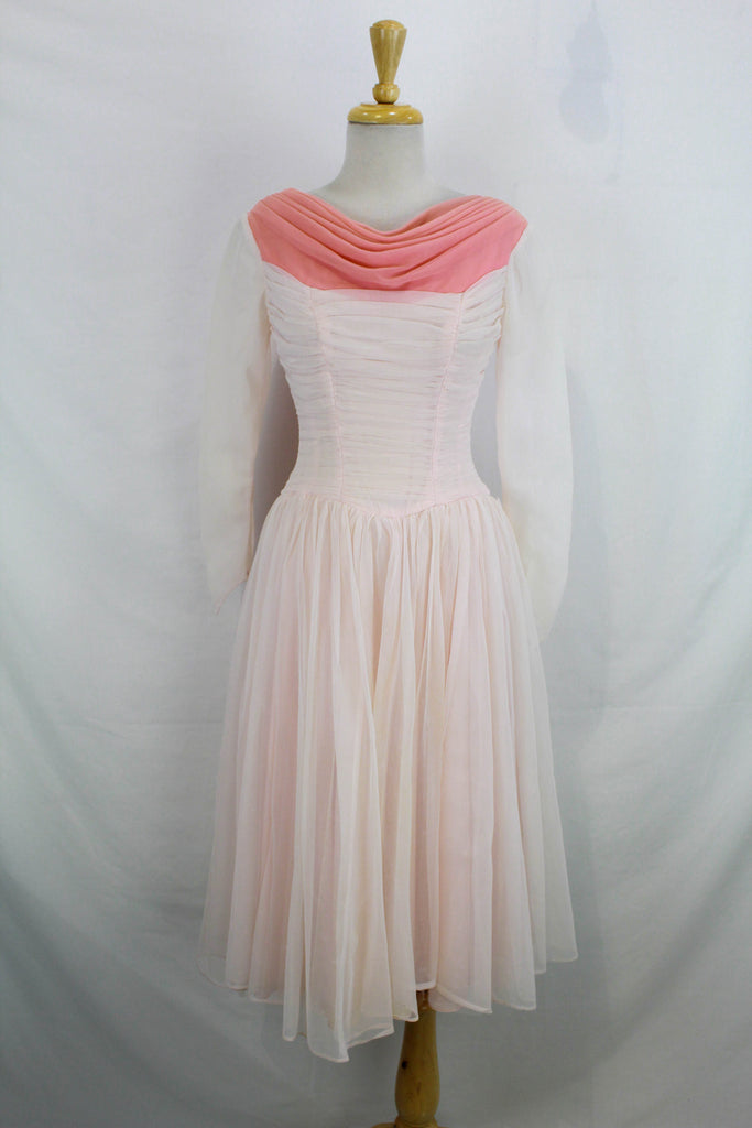 1950s Pink Pleated Chiffon Party Dress with Coral Pink Train and Full Skirt, Sheer Long Sleeves