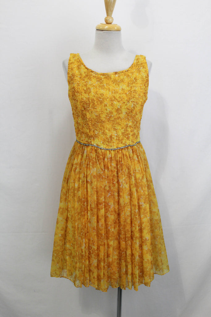 1950s Smocked Bodice Yellow Floral Chiffon Party Dress with Rhinestone Belt