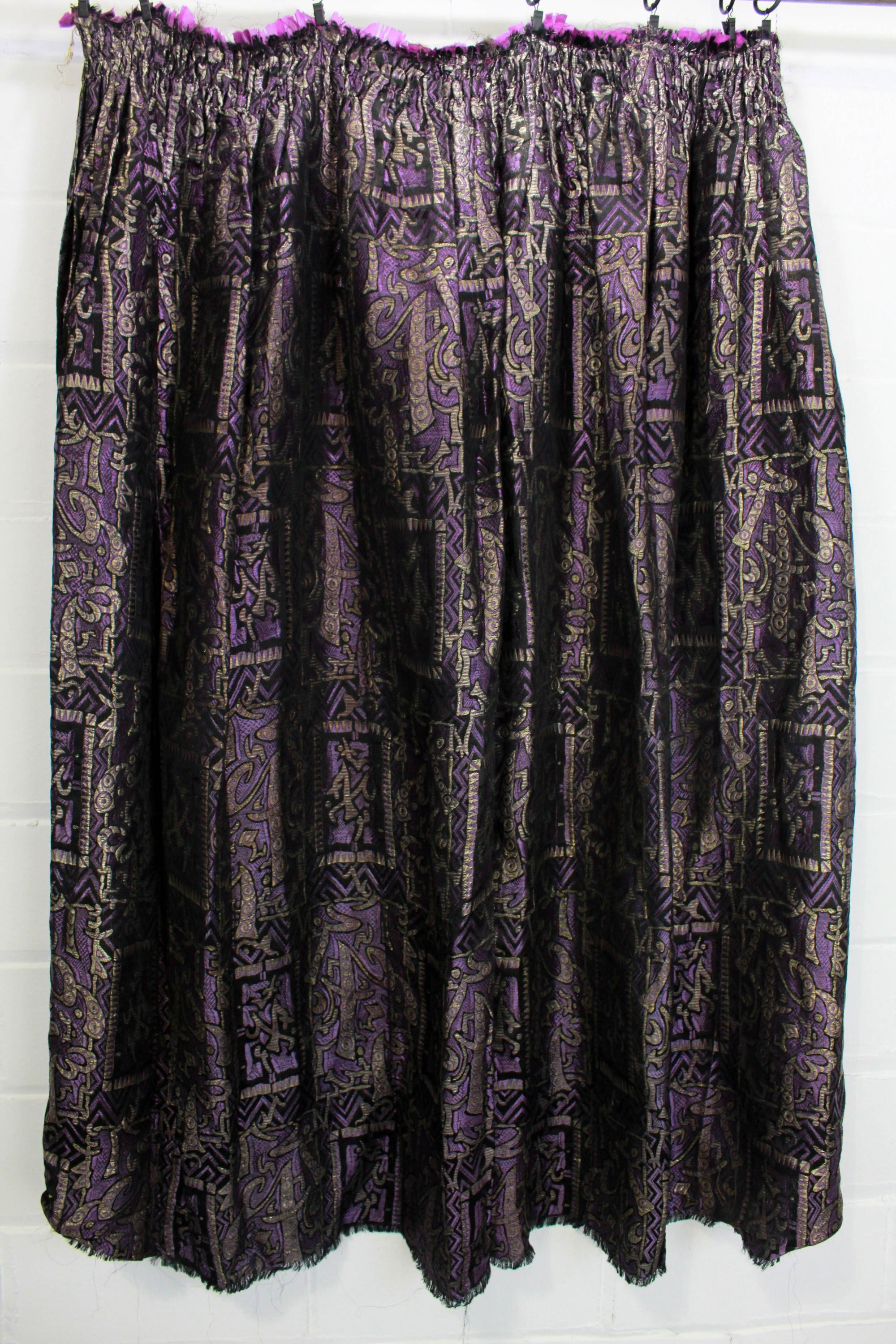 1920s Metallic Lamé Fabric, 1.7 Yards, Antique Skirt Piece, Silk, Art Deco Print in Purple and Gold,