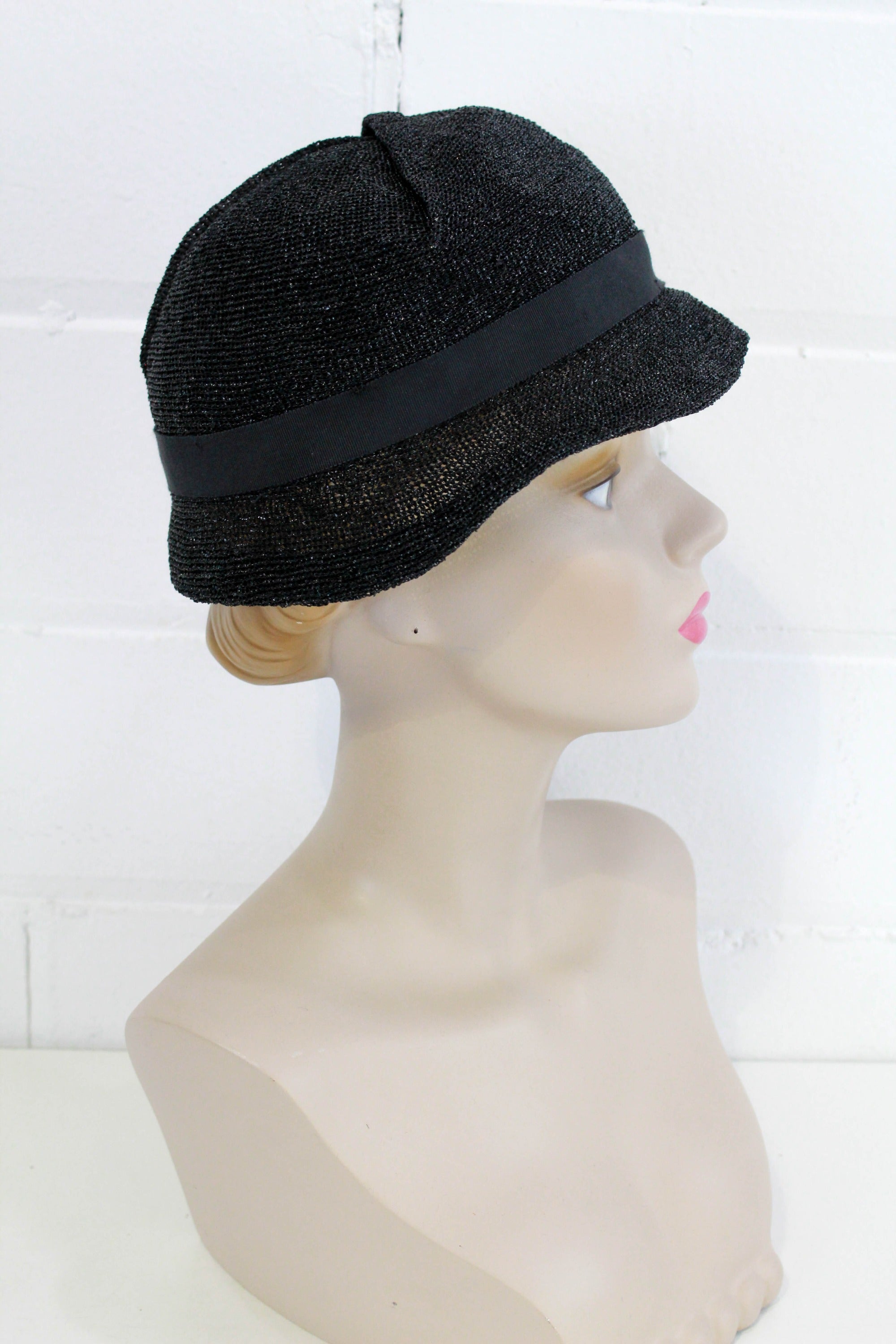 1930s Black Horsehair Metallic Women's Hat, Short Brim