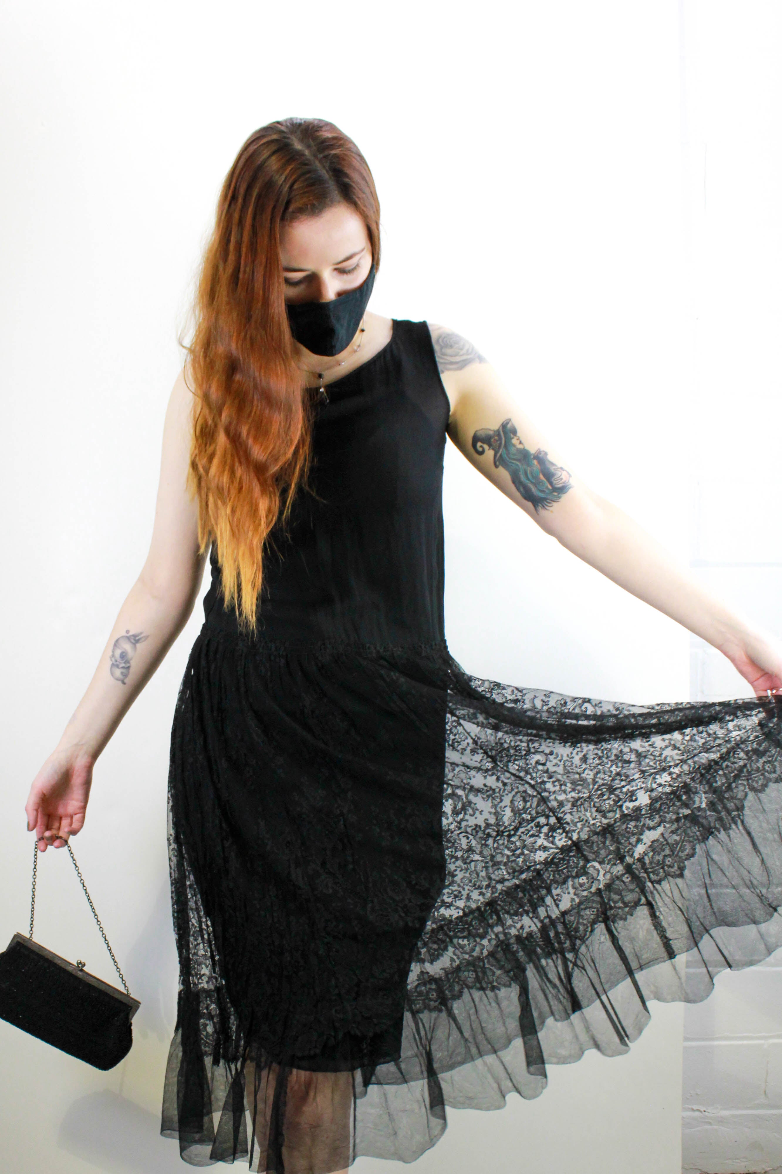 Vintage 1920s Sheer Silk Chiffon and Lace Dress, Small