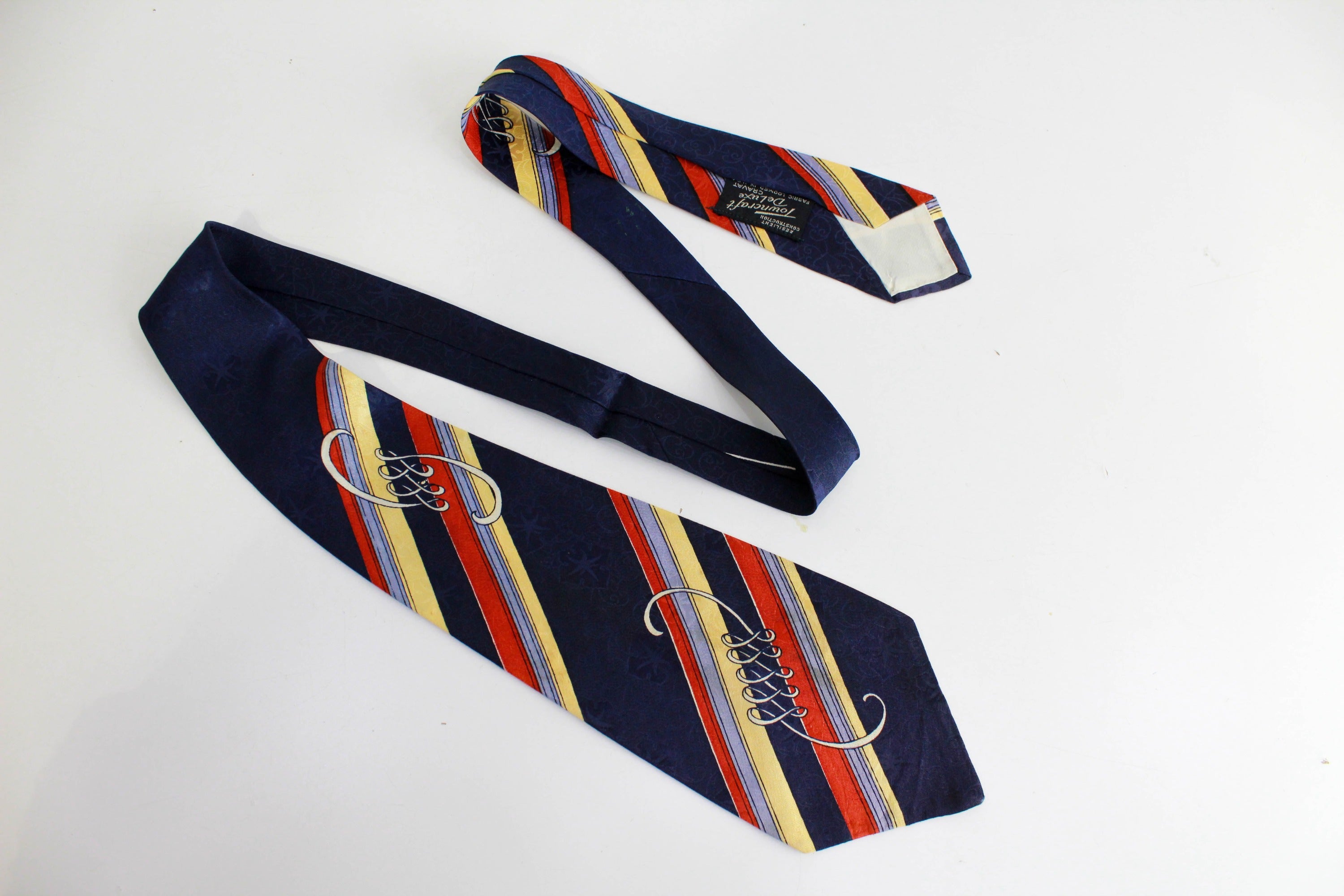 1940s Bold Look Rayon Necktie, Blue Red Yellow Stripe