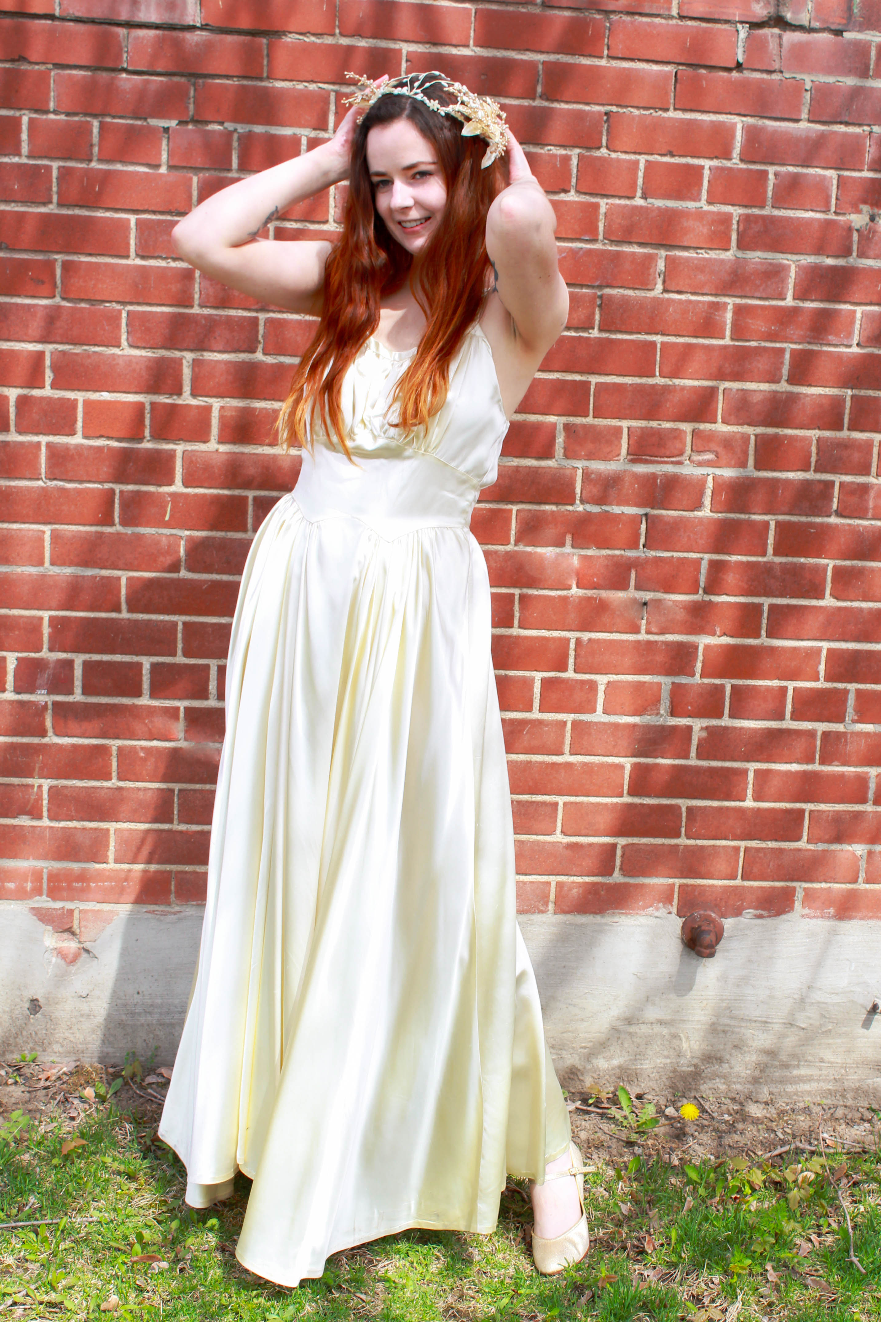 Vintage 1940s Liquid Satin Ivory Wedding Dress with Braided Straps, S-M