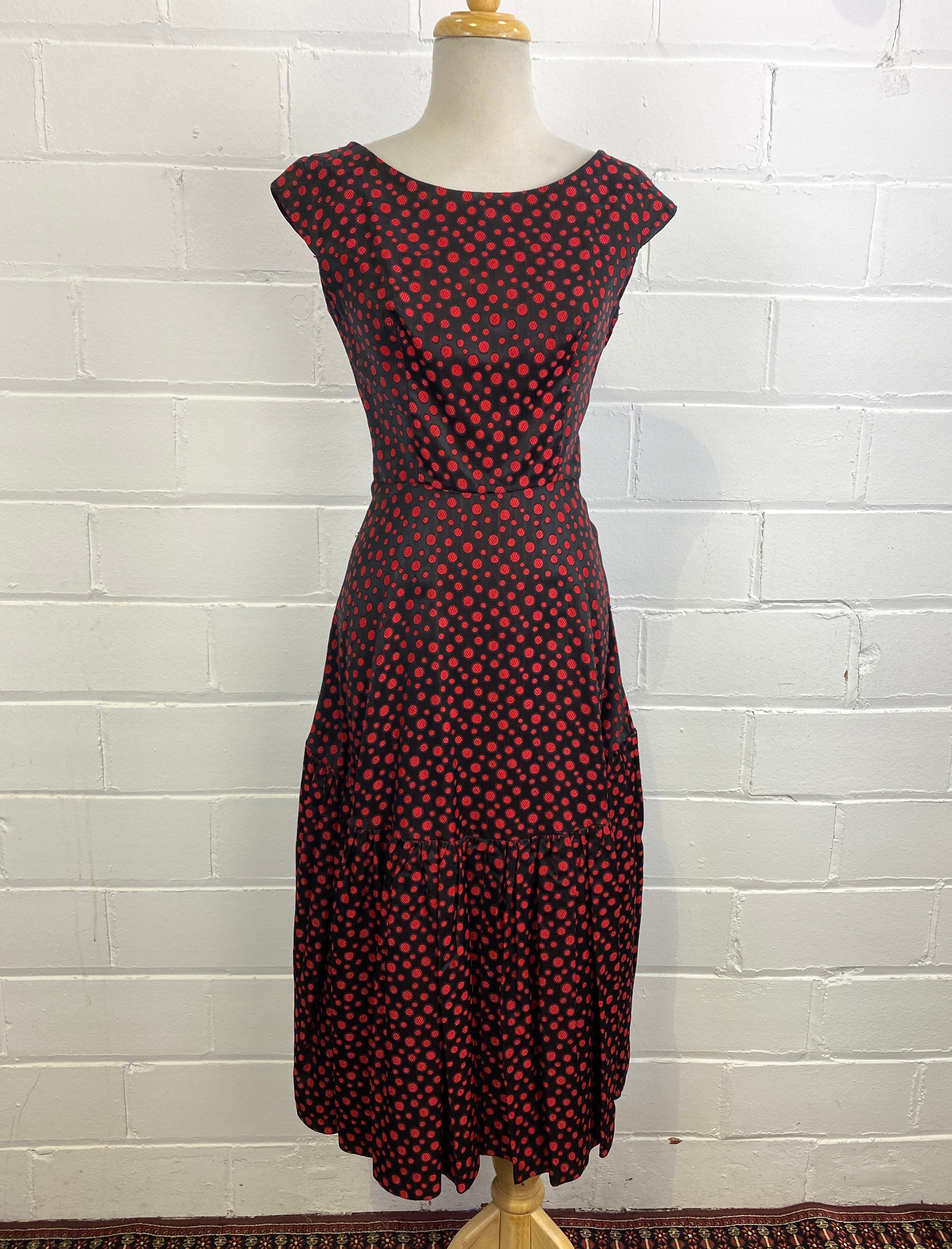 Vintage 1950s Red & Black Dot Party Dress, Small