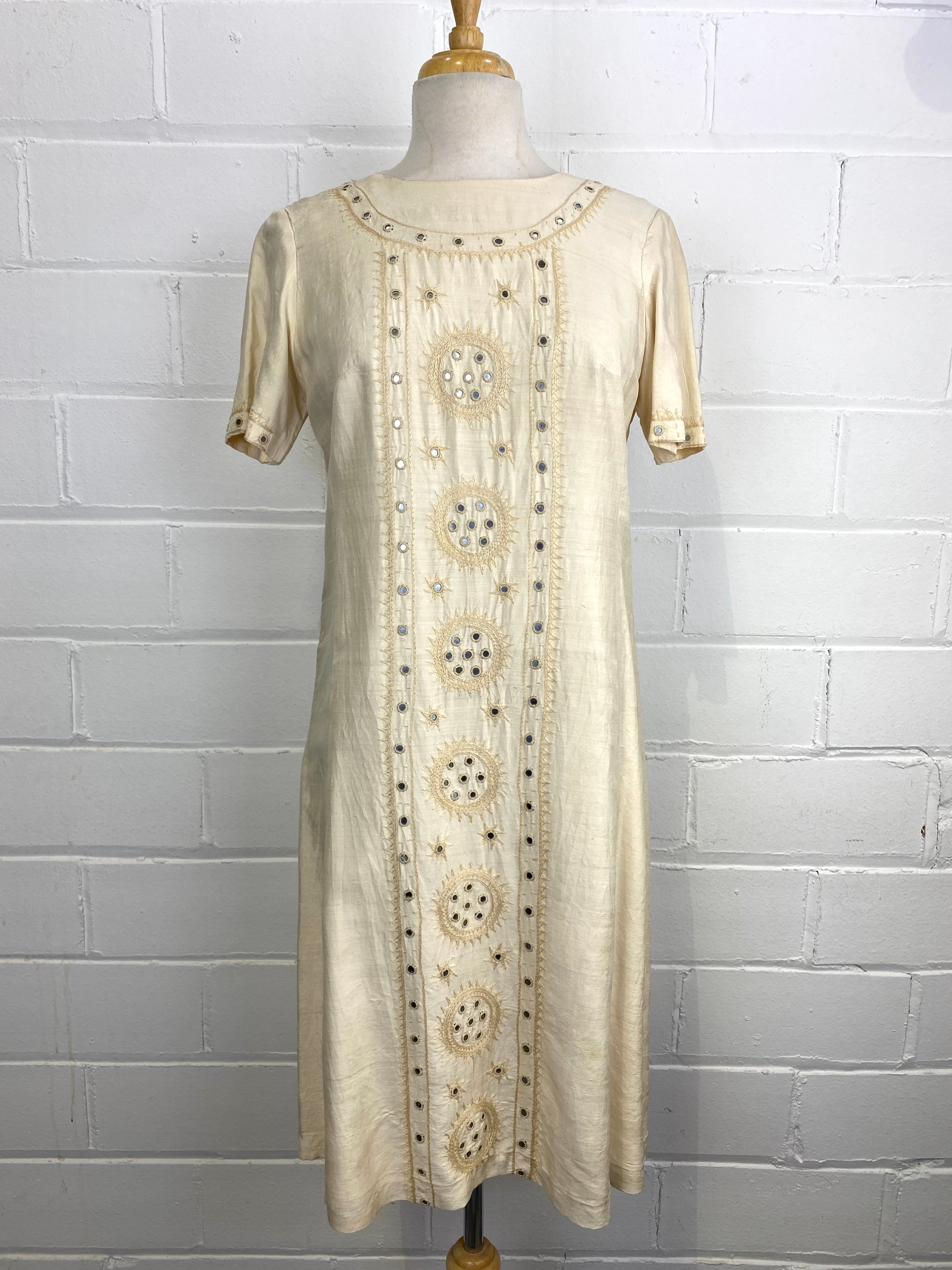 Vintage 1960s Ivory Silk Short-Sleeve Mirror Disc Embroidery Shift Dress, Large