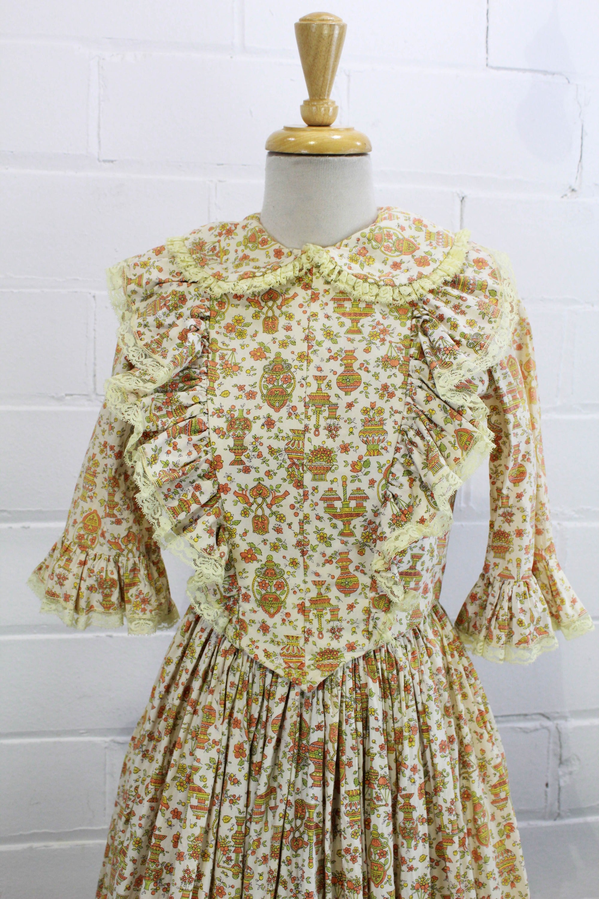 Vintage 1960s Floral Prairie Maxi Dress with Peter Pan Collar, Small