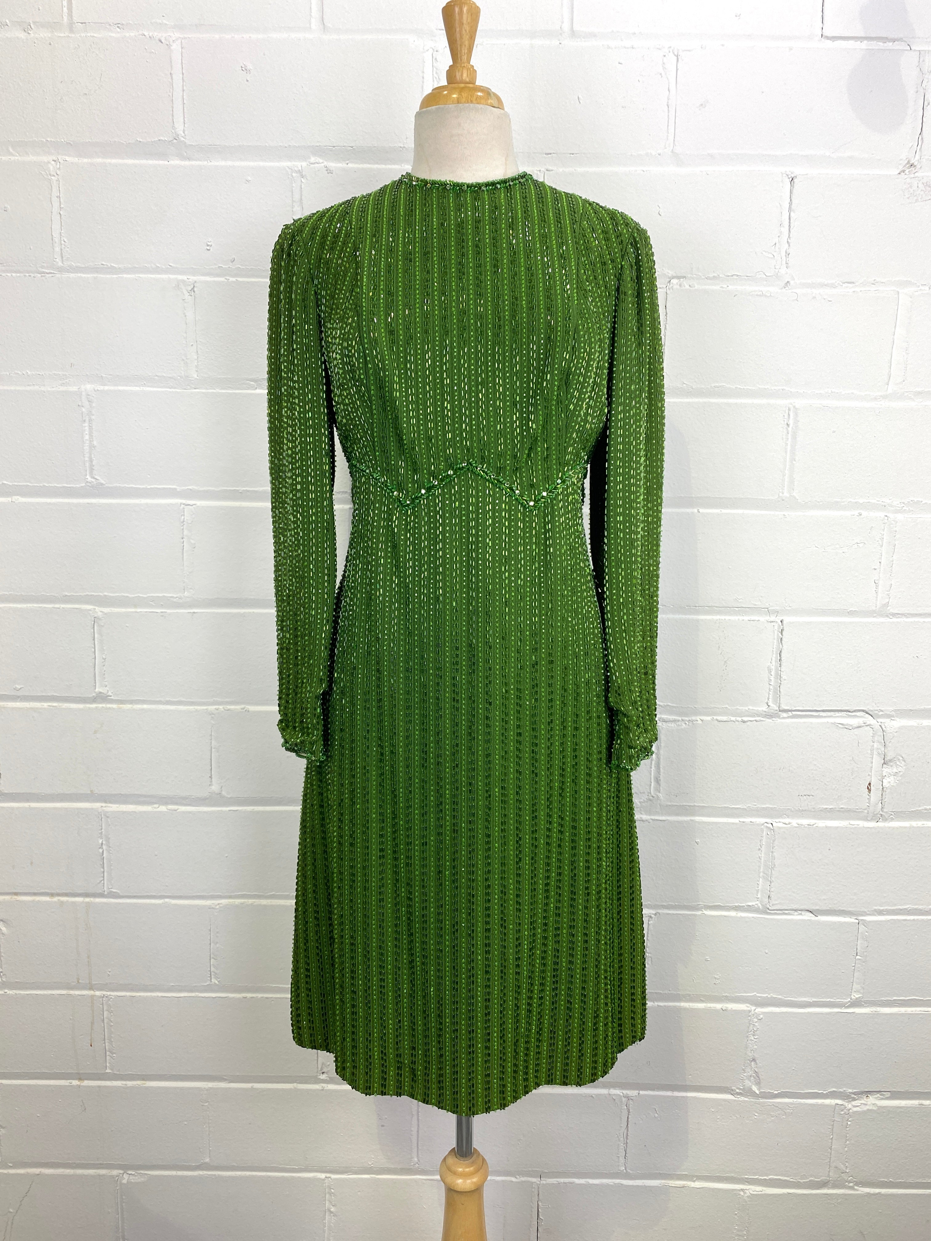 Vintage 1960s Green Fully Beaded Long-Sleeve Dress, Medium