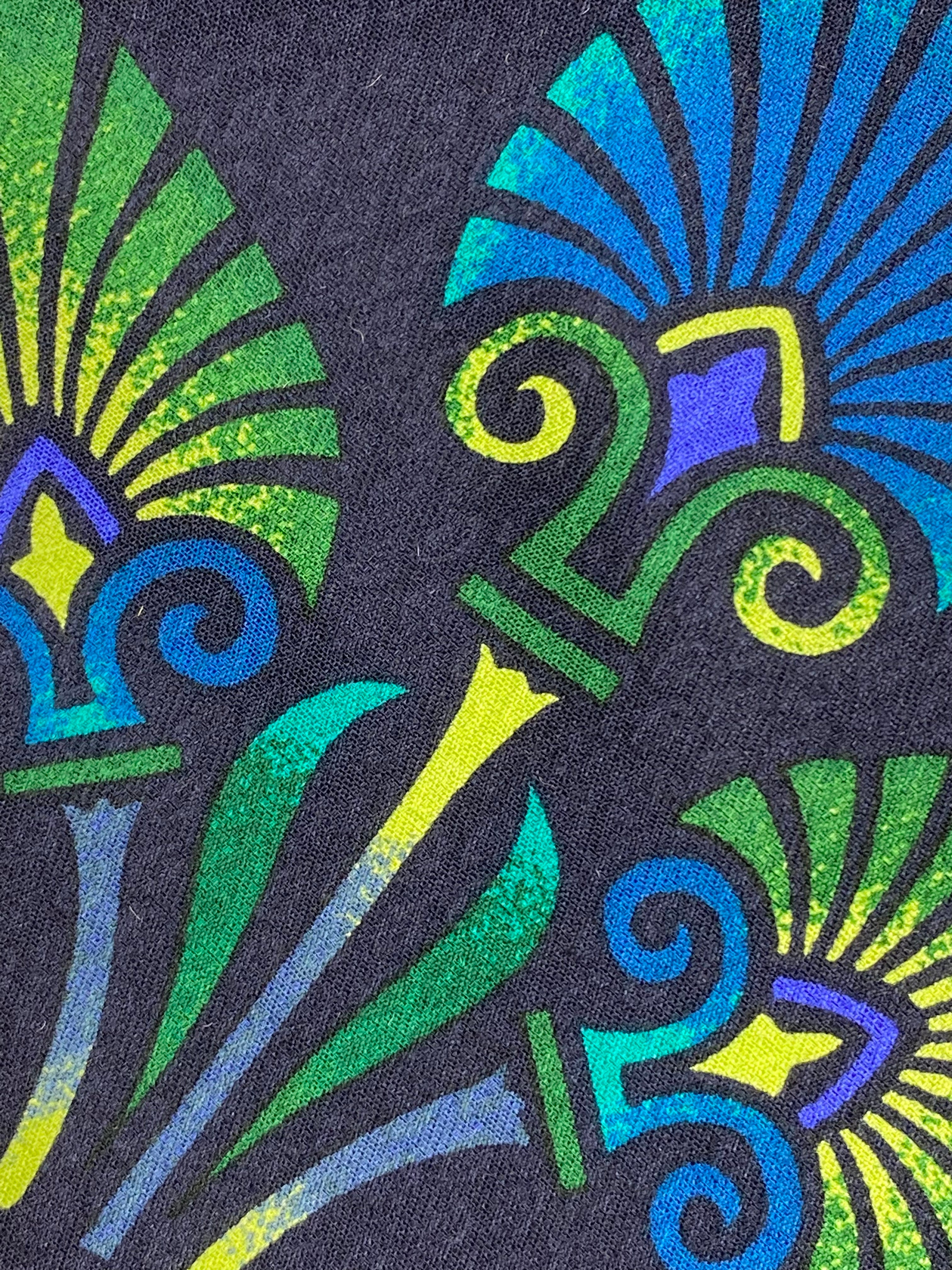 90s Deadstock Silk Necktie, Men's Vintage Blue/ Green Polynesian Tiki Pattern Tie, NOS