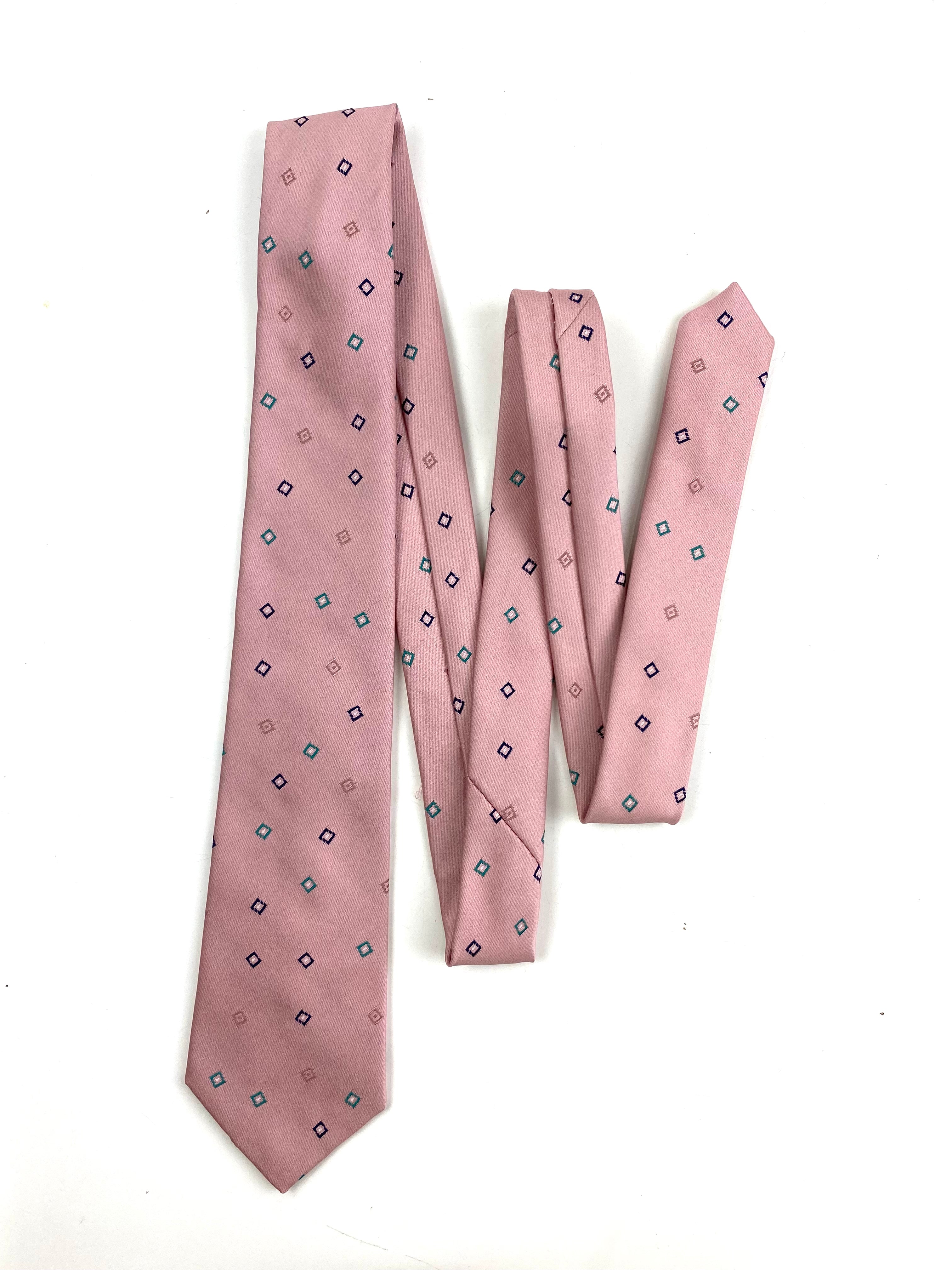 80s Deadstock Necktie, Men's Vintage Pink Geometric Square Pattern Tie, NOS