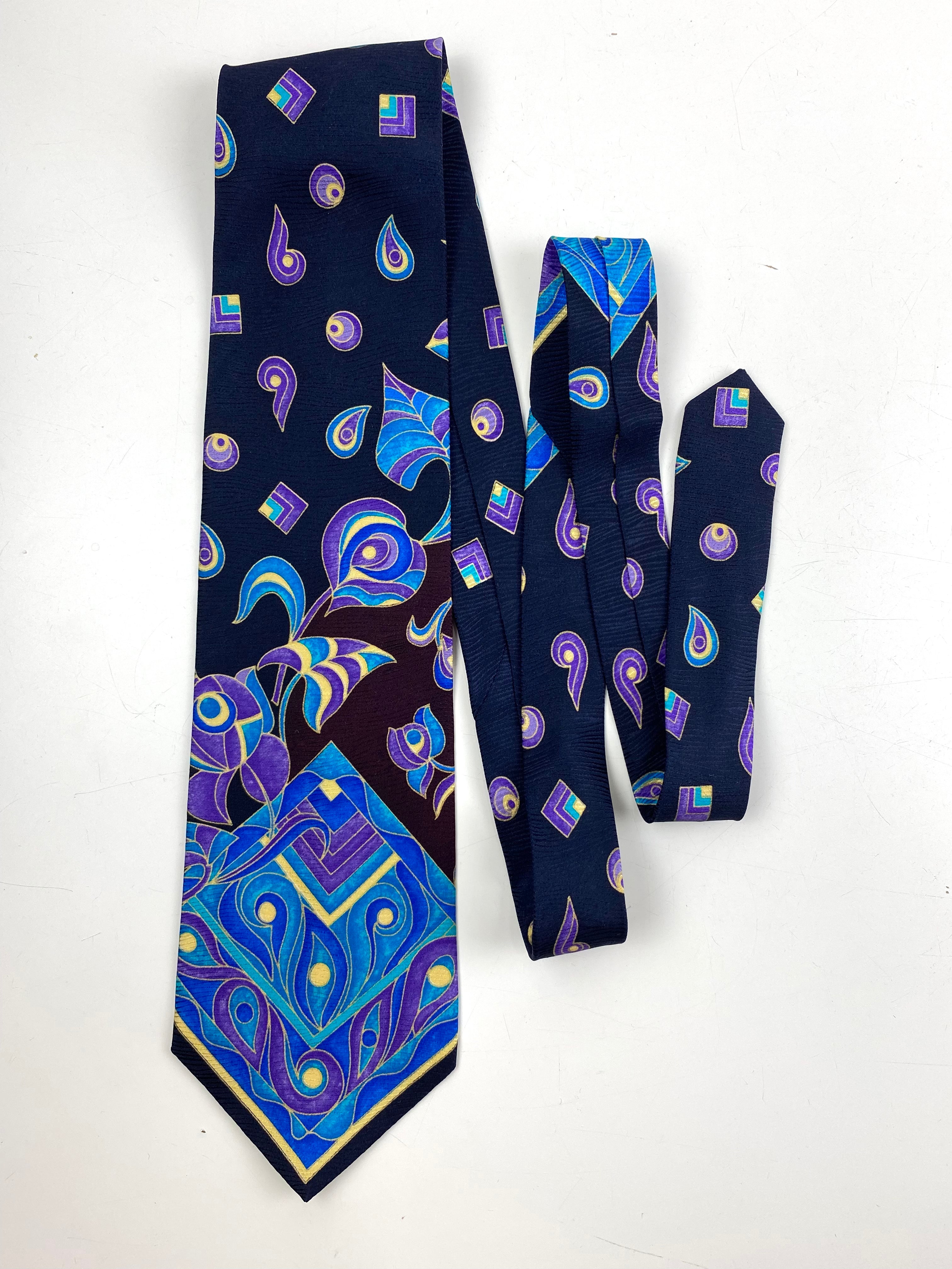 90s Deadstock Silk Necktie, Men's Vintage Blue/ Purple Abstract Pattern Tie, NOS