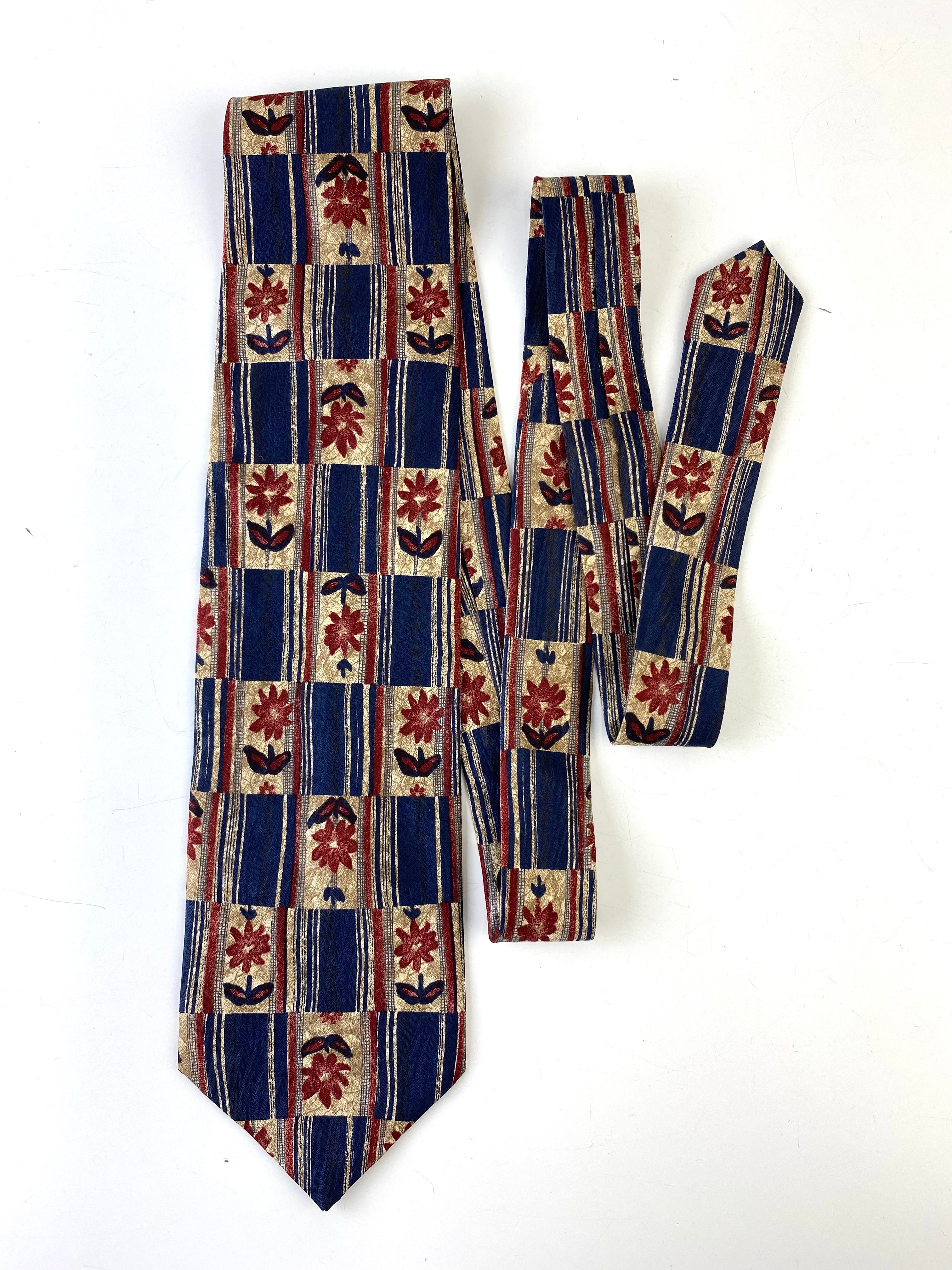 90s Deadstock Silk Necktie, Men's Vintage Blue Red Floral Pattern Tie, NOS