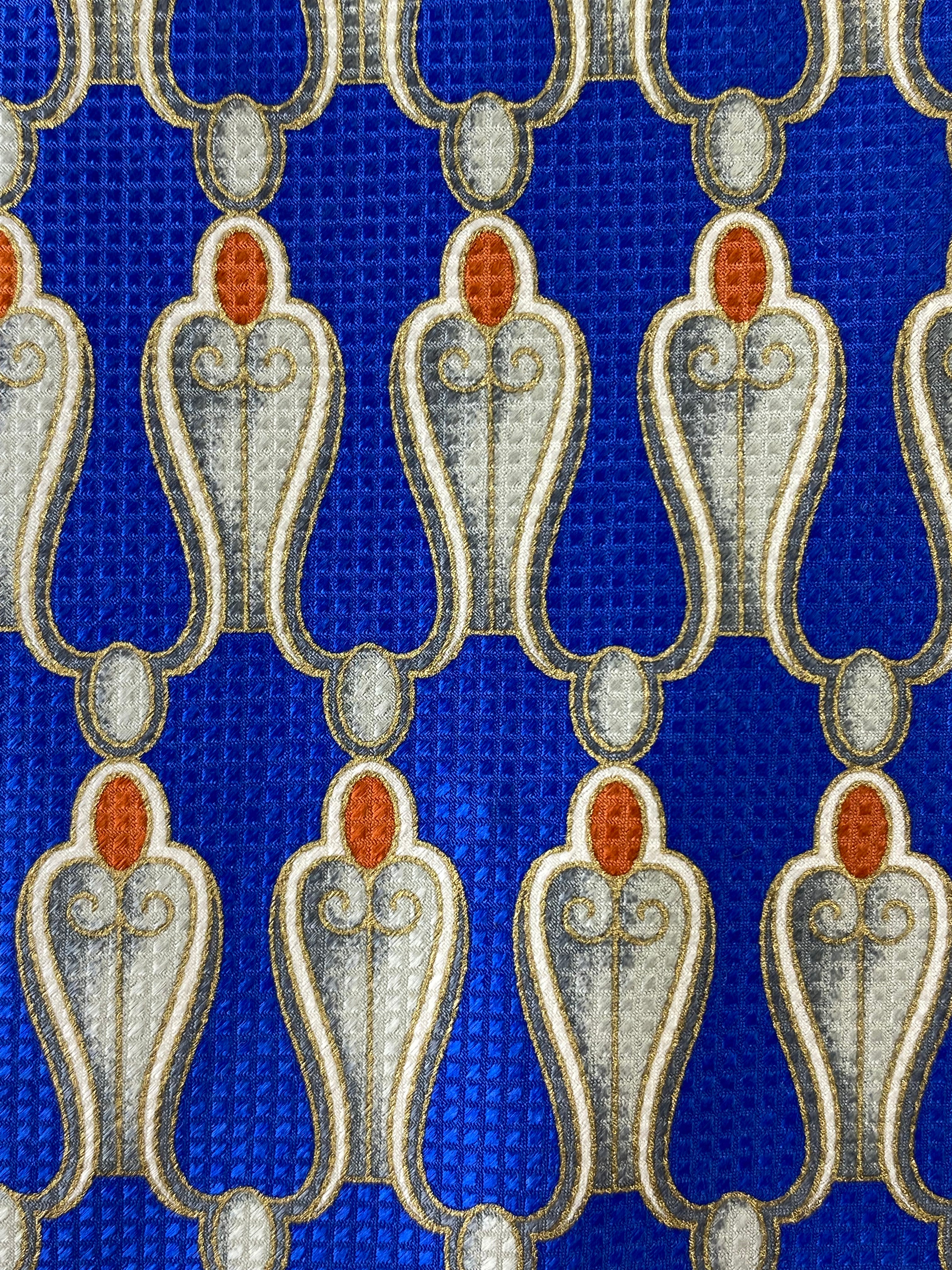 90s Deadstock Silk Necktie, Men's Vintage Blue/Silver/Gold Art Deco Pattern Tie, NOS