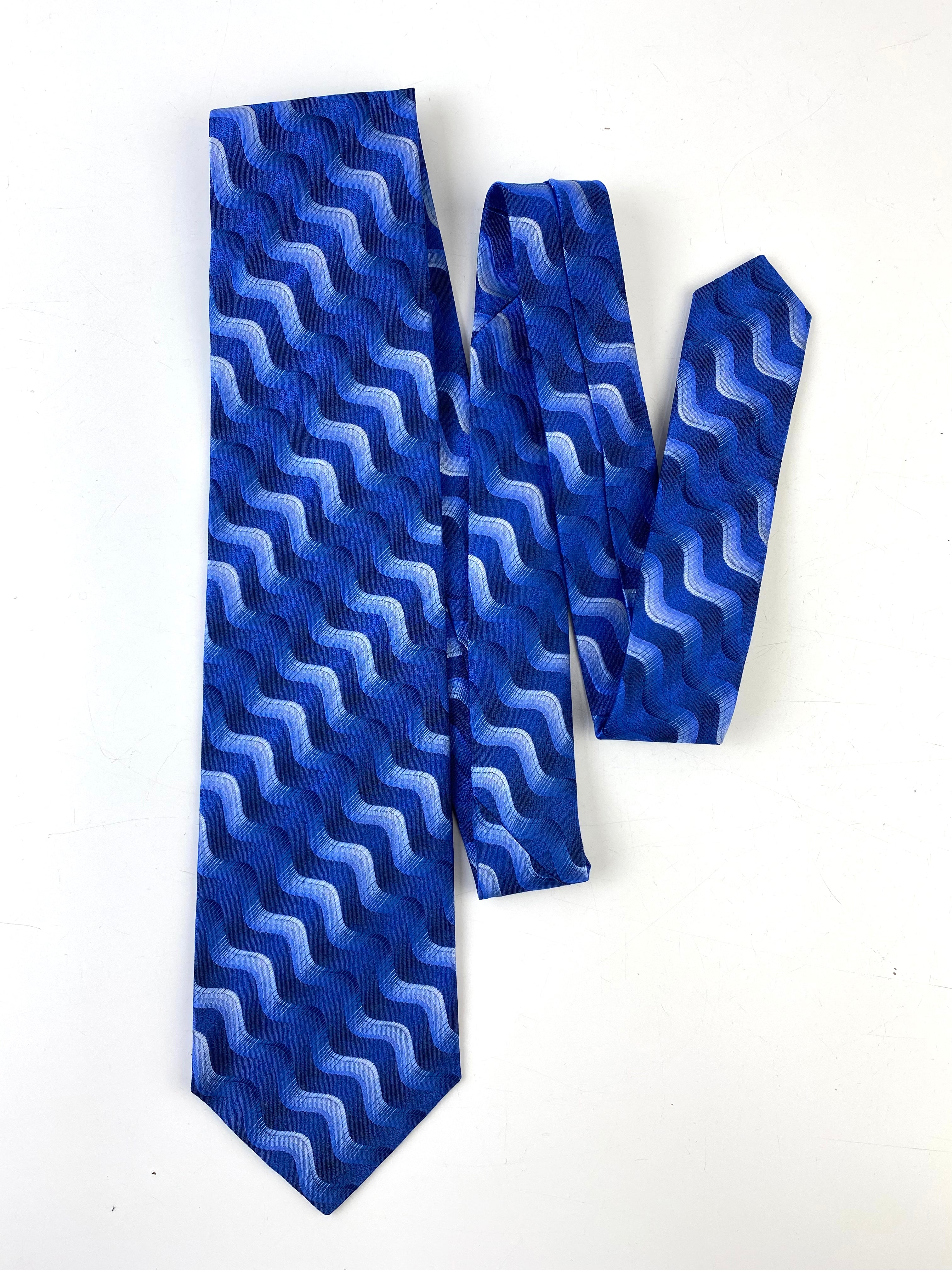 90s Deadstock Silk Necktie, Men's Vintage Blue Wave Pattern Tie, NOS