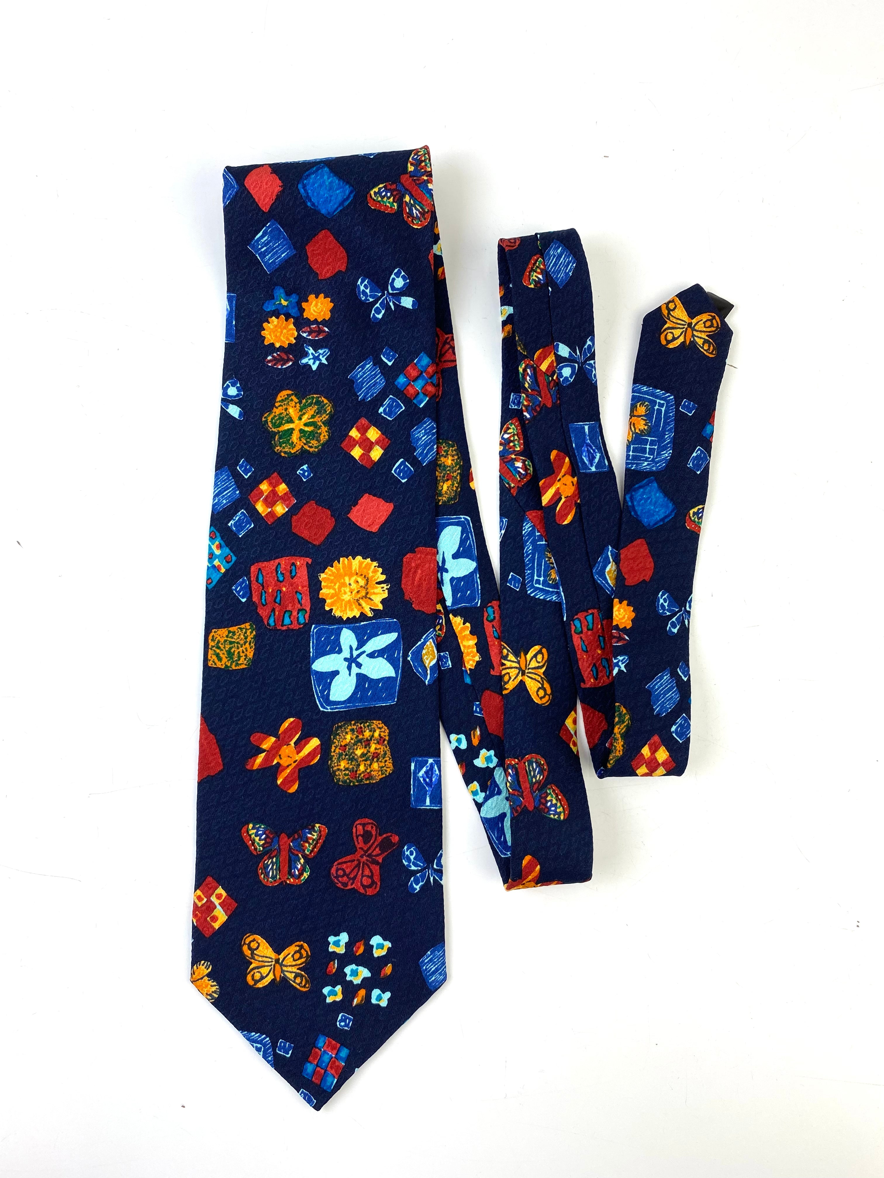 90s Deadstock Silk Necktie, Men's Vintage Navy/ Red/ Orange Floral Butterfly Pattern, NOS