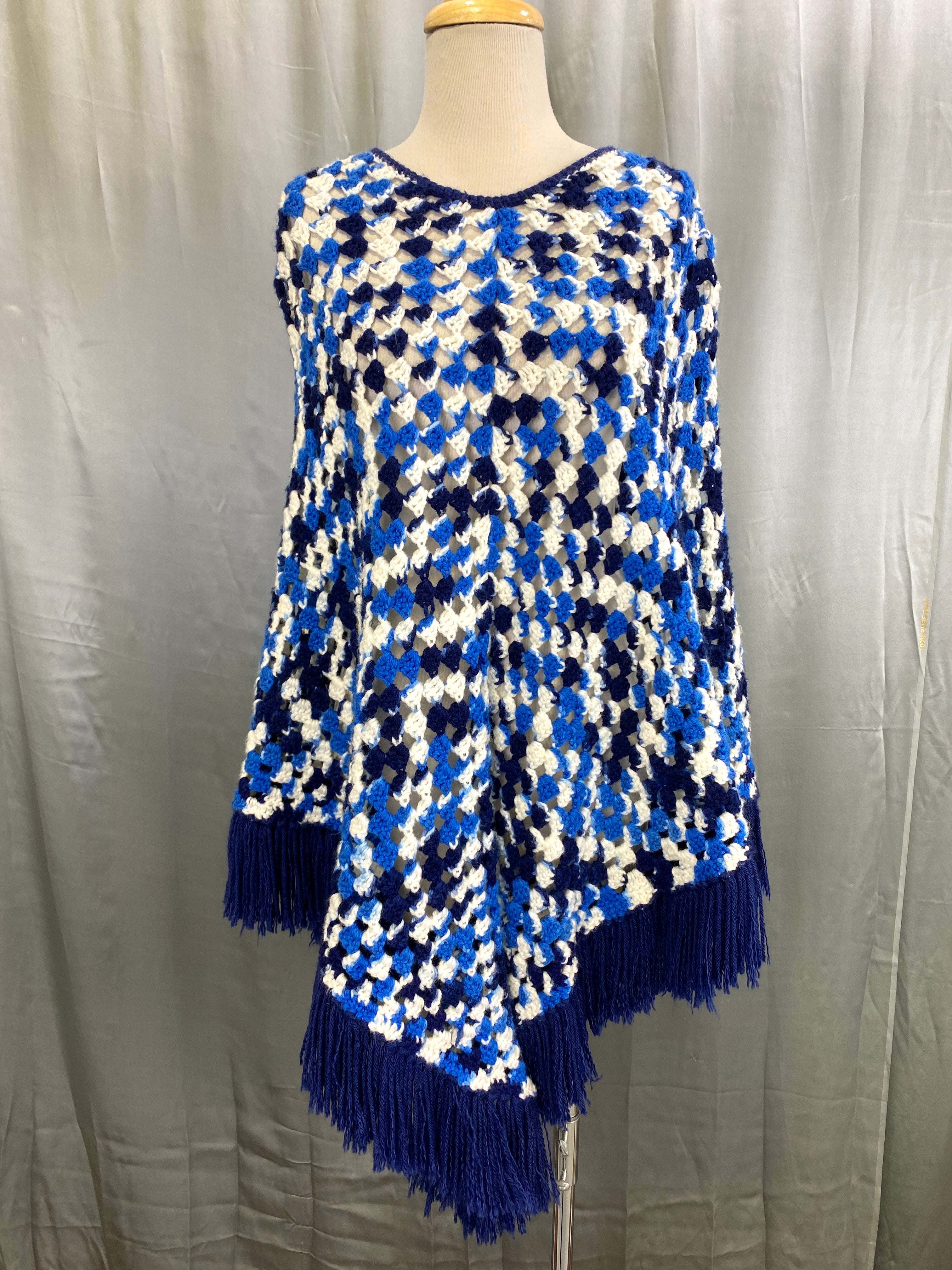 Vintage 1970s Blue & White Crochet Fringed Poncho