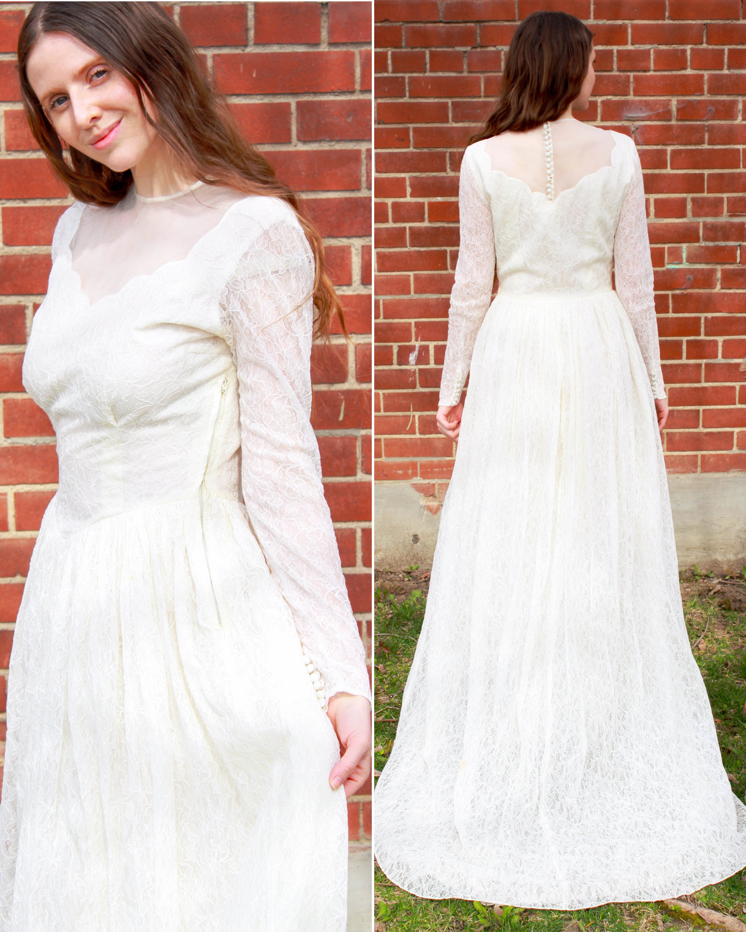 Vintage 1950s White Lace Long-Sleeve Wedding Dress, Small