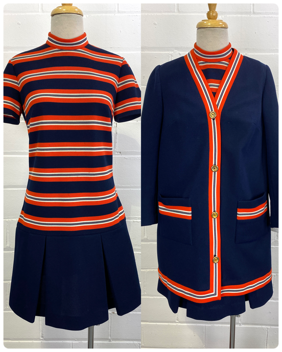 Vintage 1970s Red & Navy Stripe Drop Waist Dress & Jacket Set, Small, Butte Knit