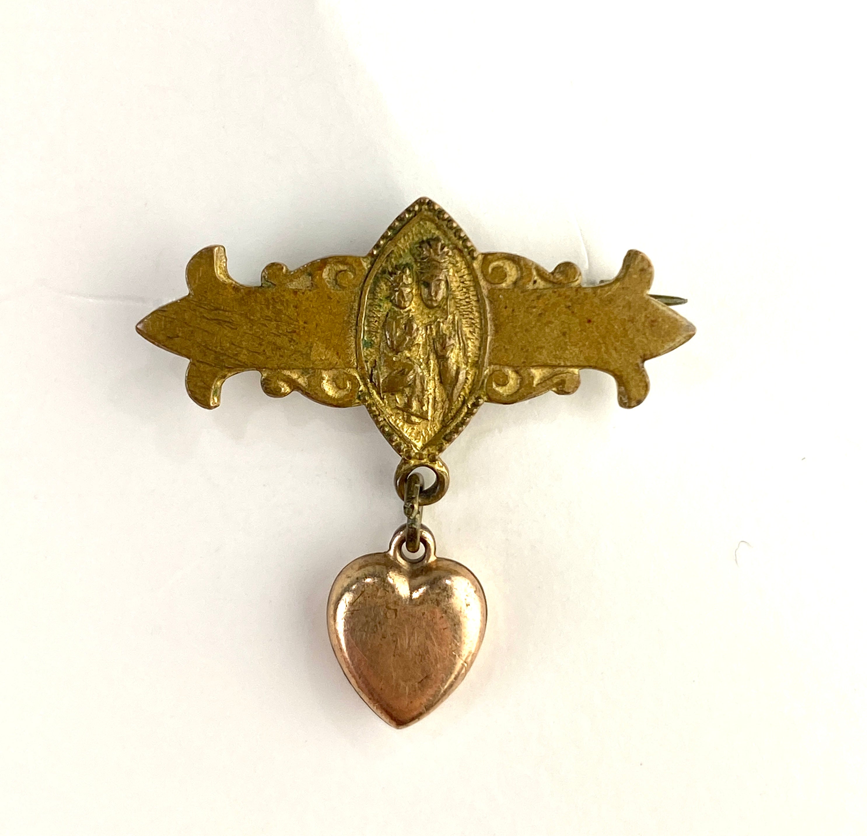 Antique Victorian Religious Brass Pin-Back Metal Brooch/ Bar Pin with Heart Dangle