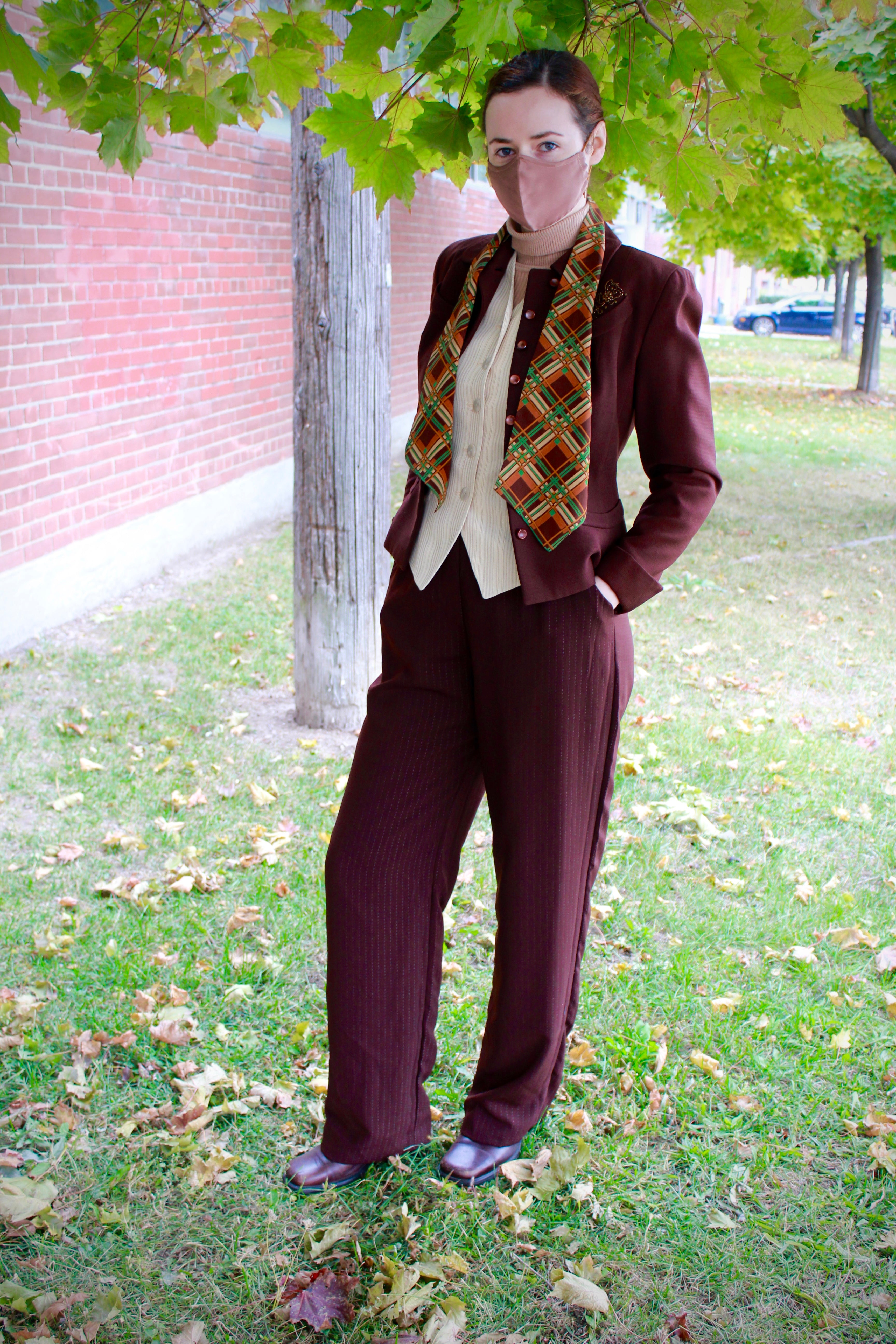 Vintage 1930s/ 40s Green & Brown Plaid Silk Scarf