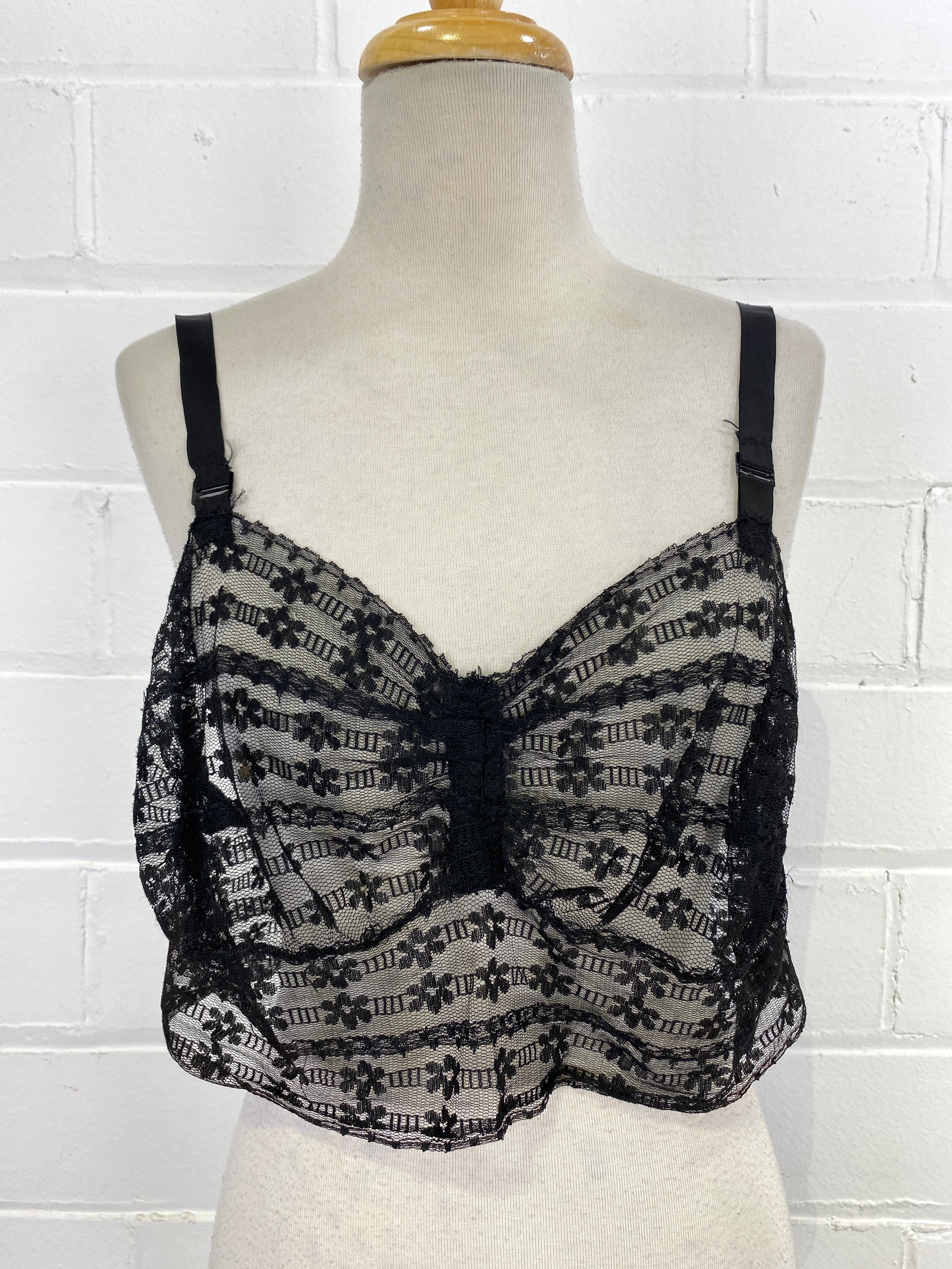 Vintage 1920s Black Floral Lace Bralette, B34