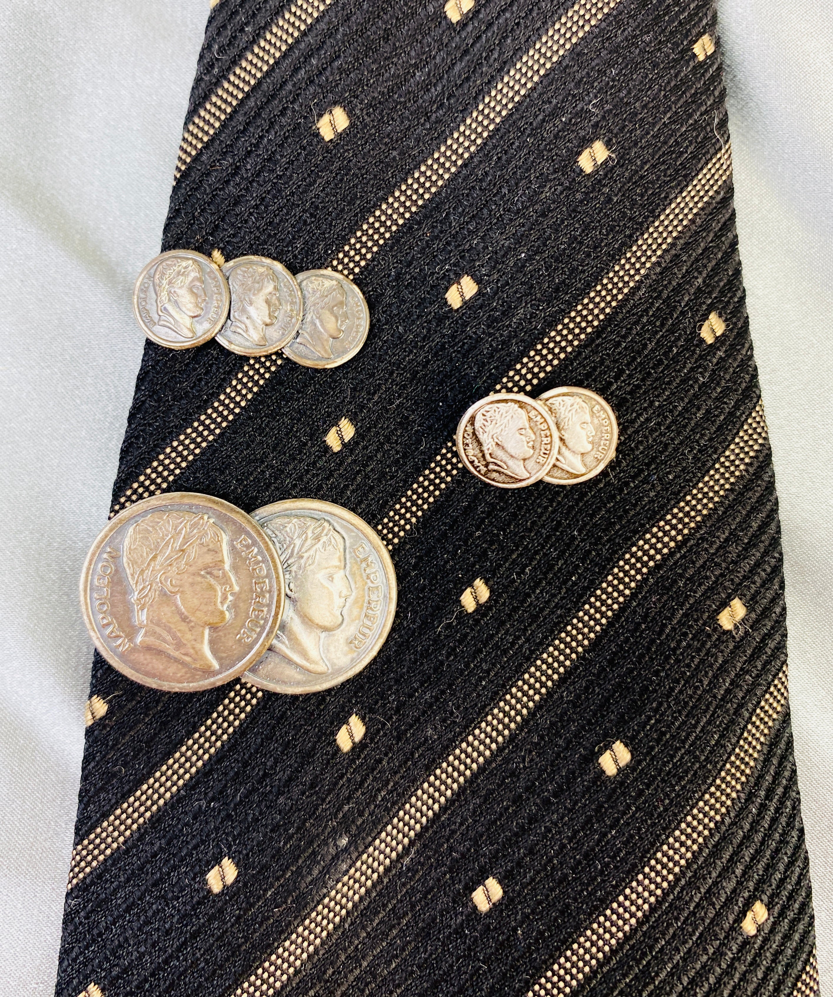 Vintage 1970s 'Napoleon Empereur' Silver Coin Lapel Pin and Tie Bar Clips, 3 Piece