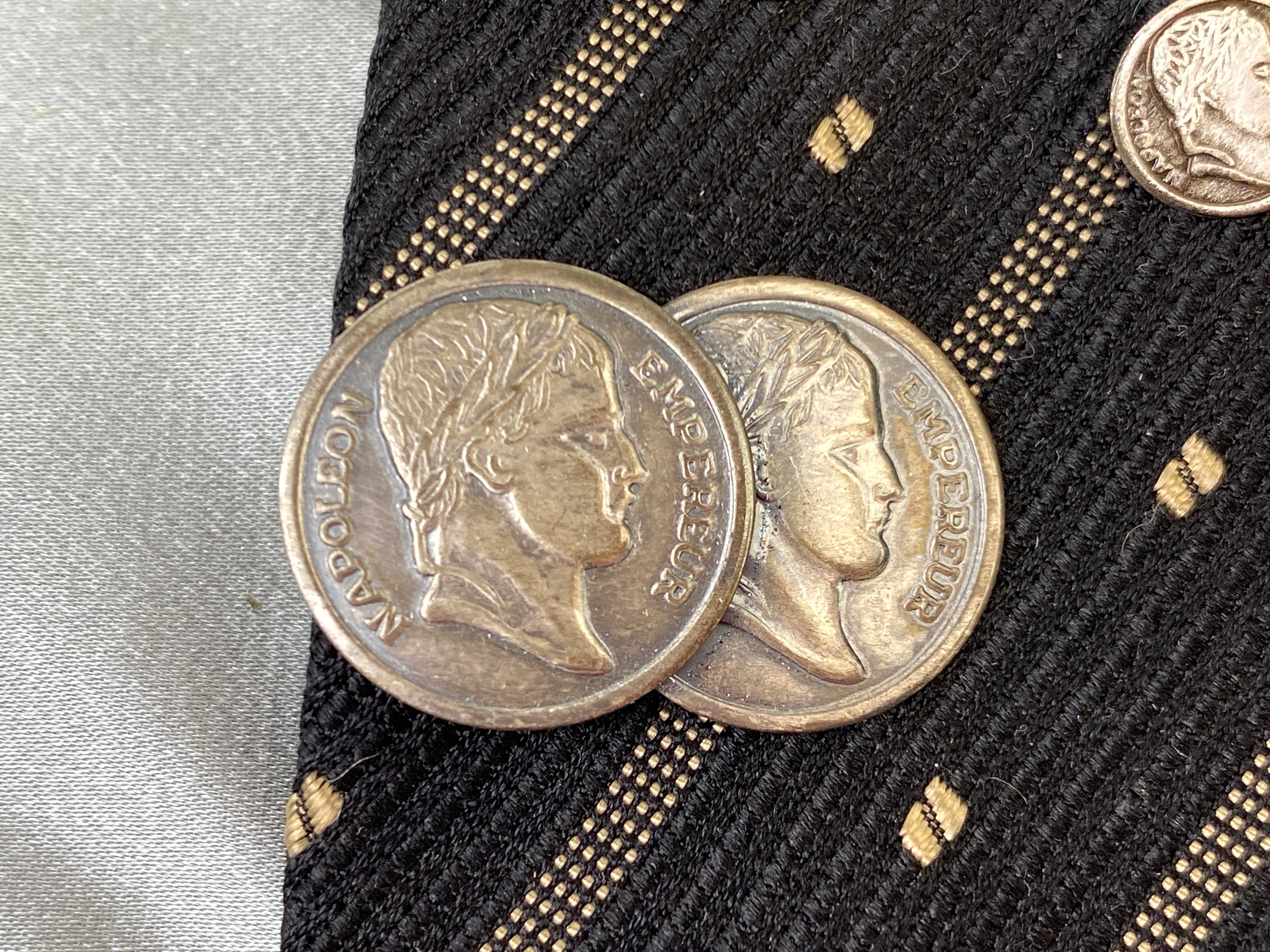 Vintage 1970s 'Napoleon Empereur' Silver Coin Lapel Pin and Tie Bar Clips, 3 Piece