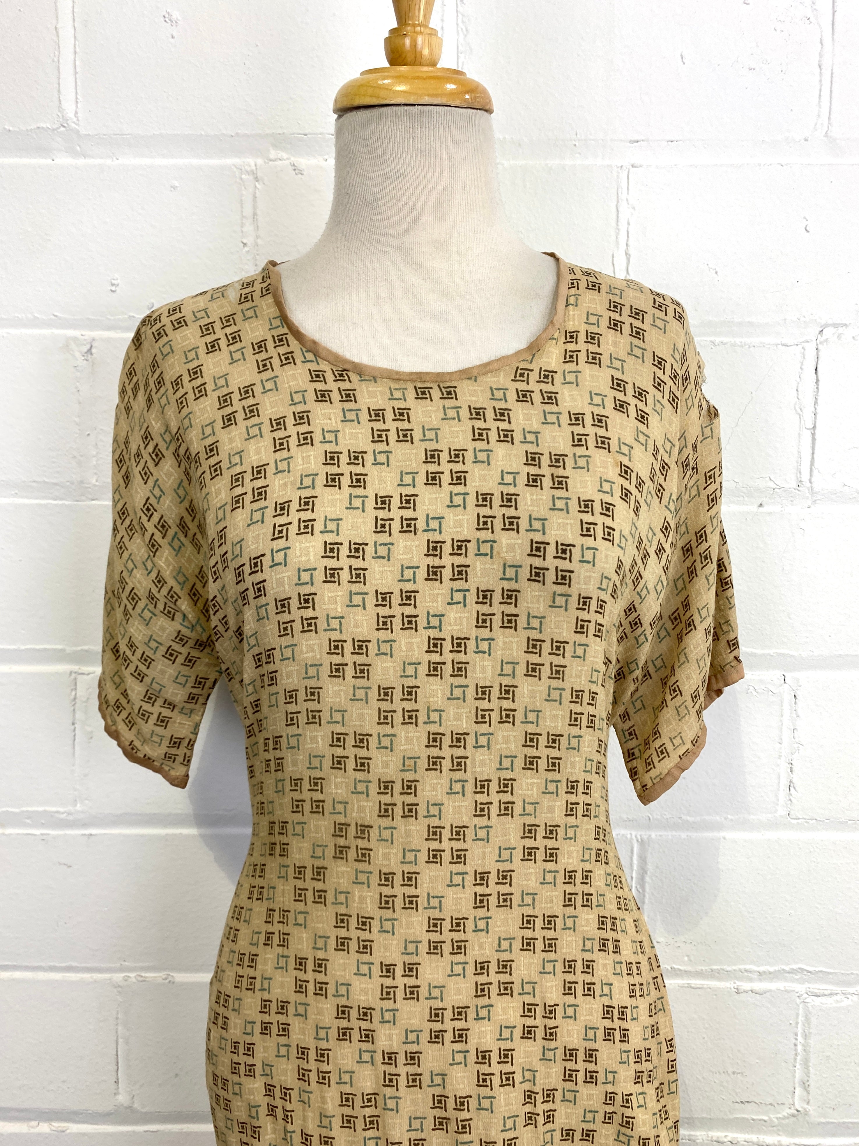 Vintage 1920s Short Sleeve Art Deco Print Silk Day Dress, As-Is