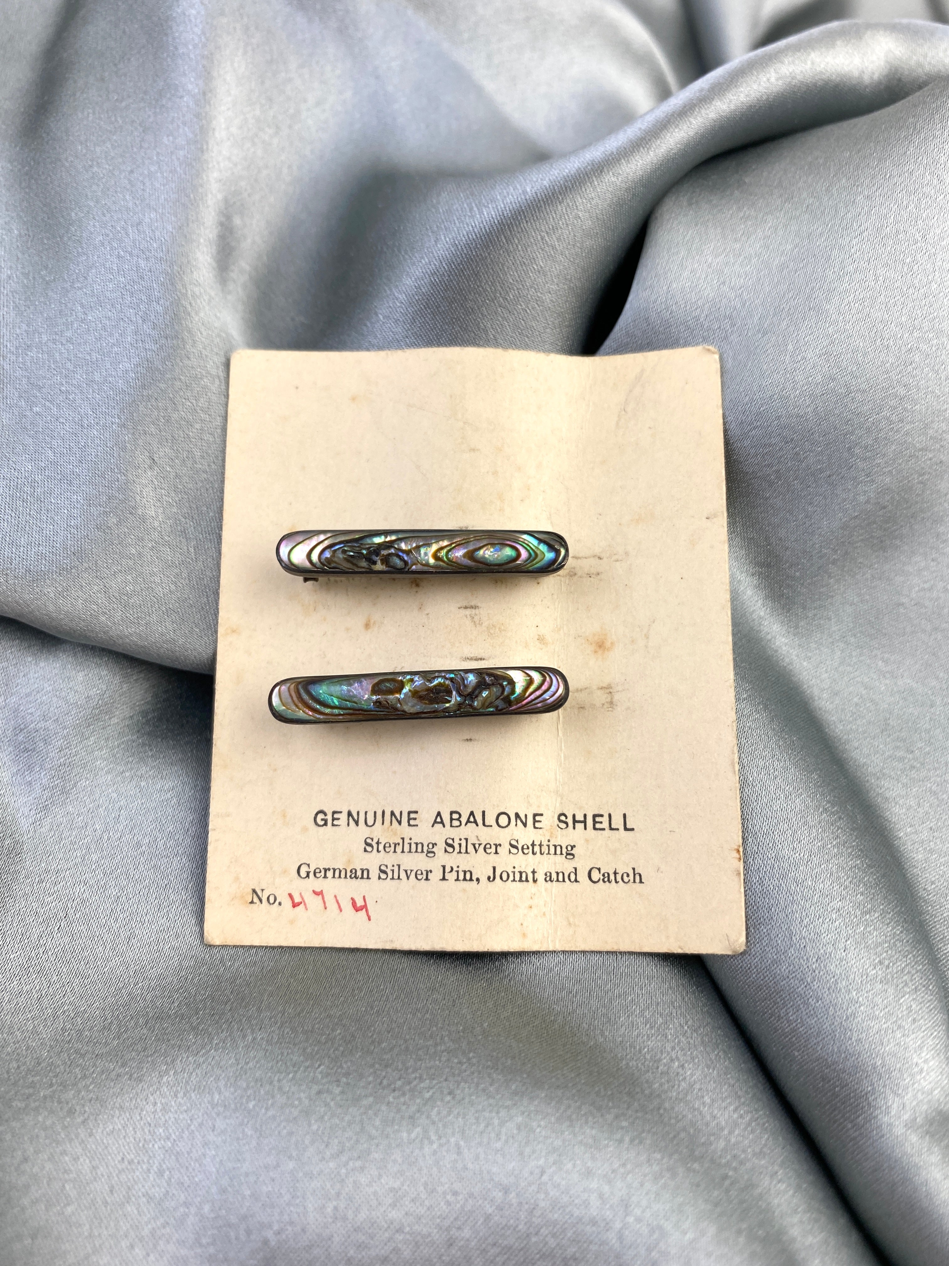 Antique 1910s Silver Oblong Abalone Shell Lingerie Pins, NOS