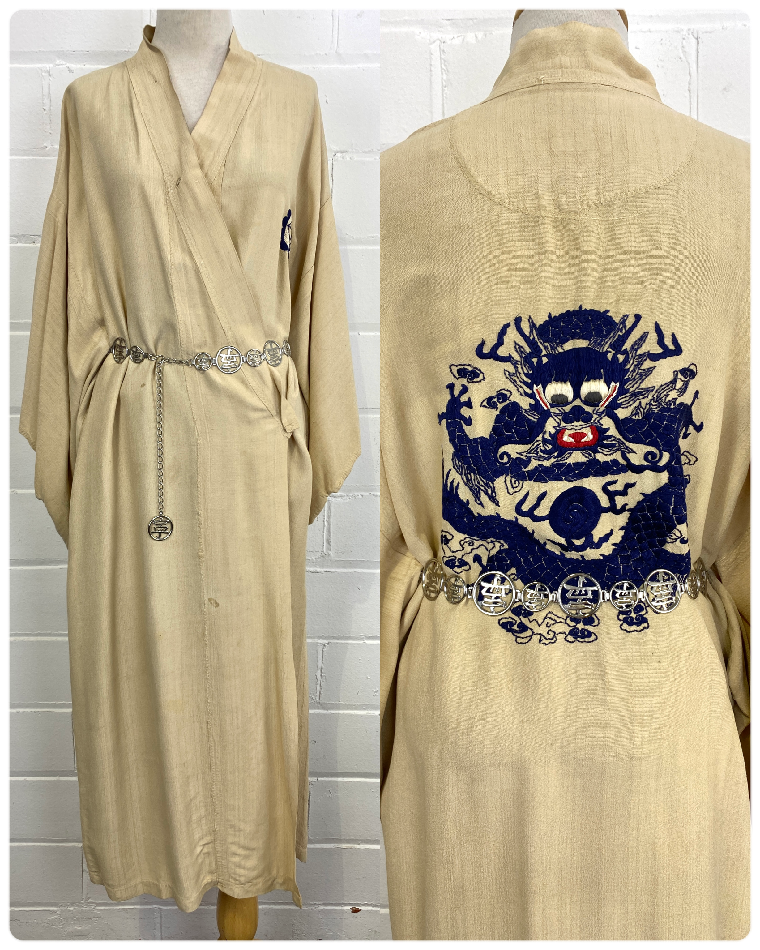 Vintage 1920s Beige Raw Silk Asian Dragon Motif Kimono Robe