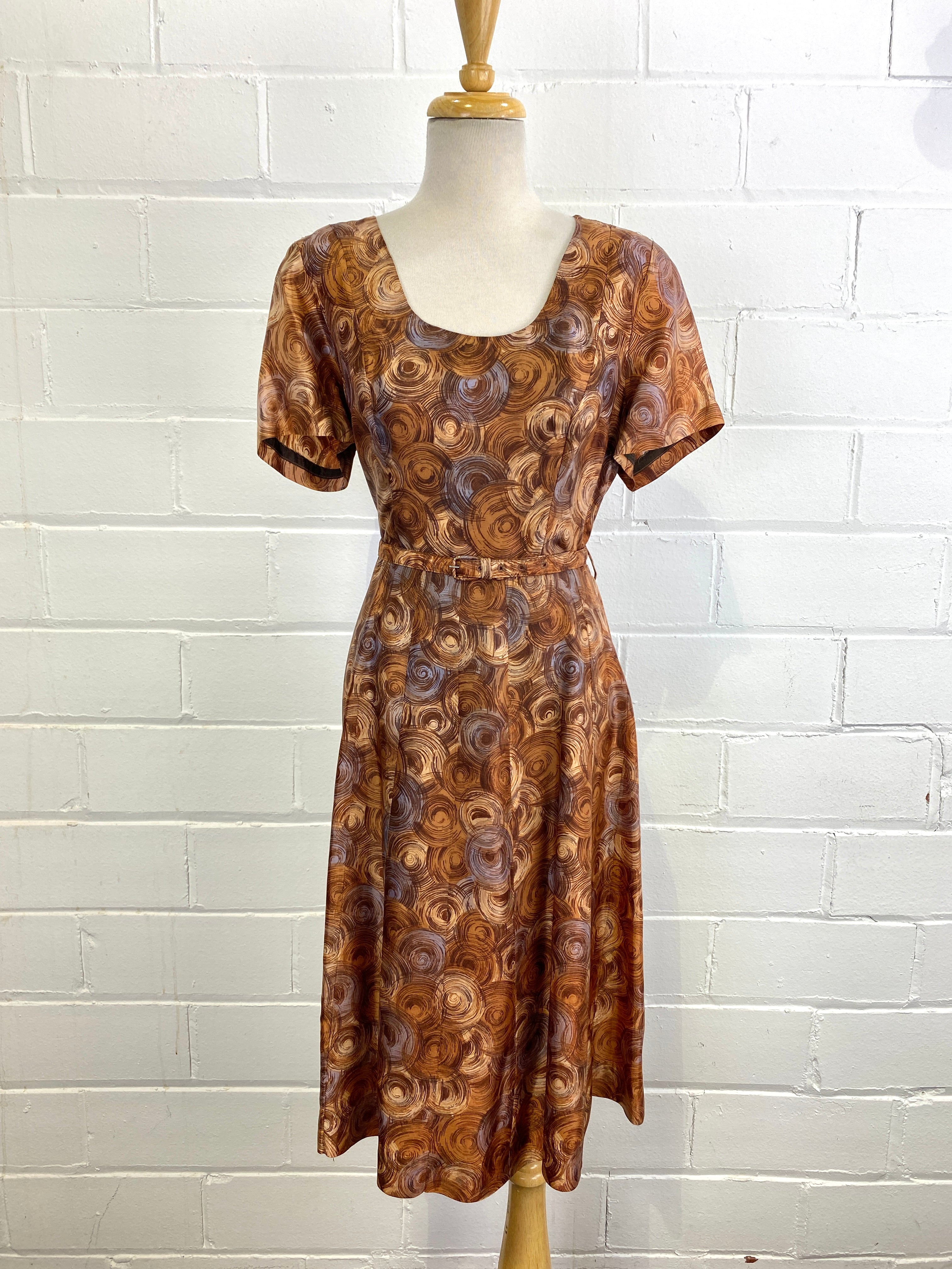 Vintage 1950s Abstract Print Brown Dress, B38