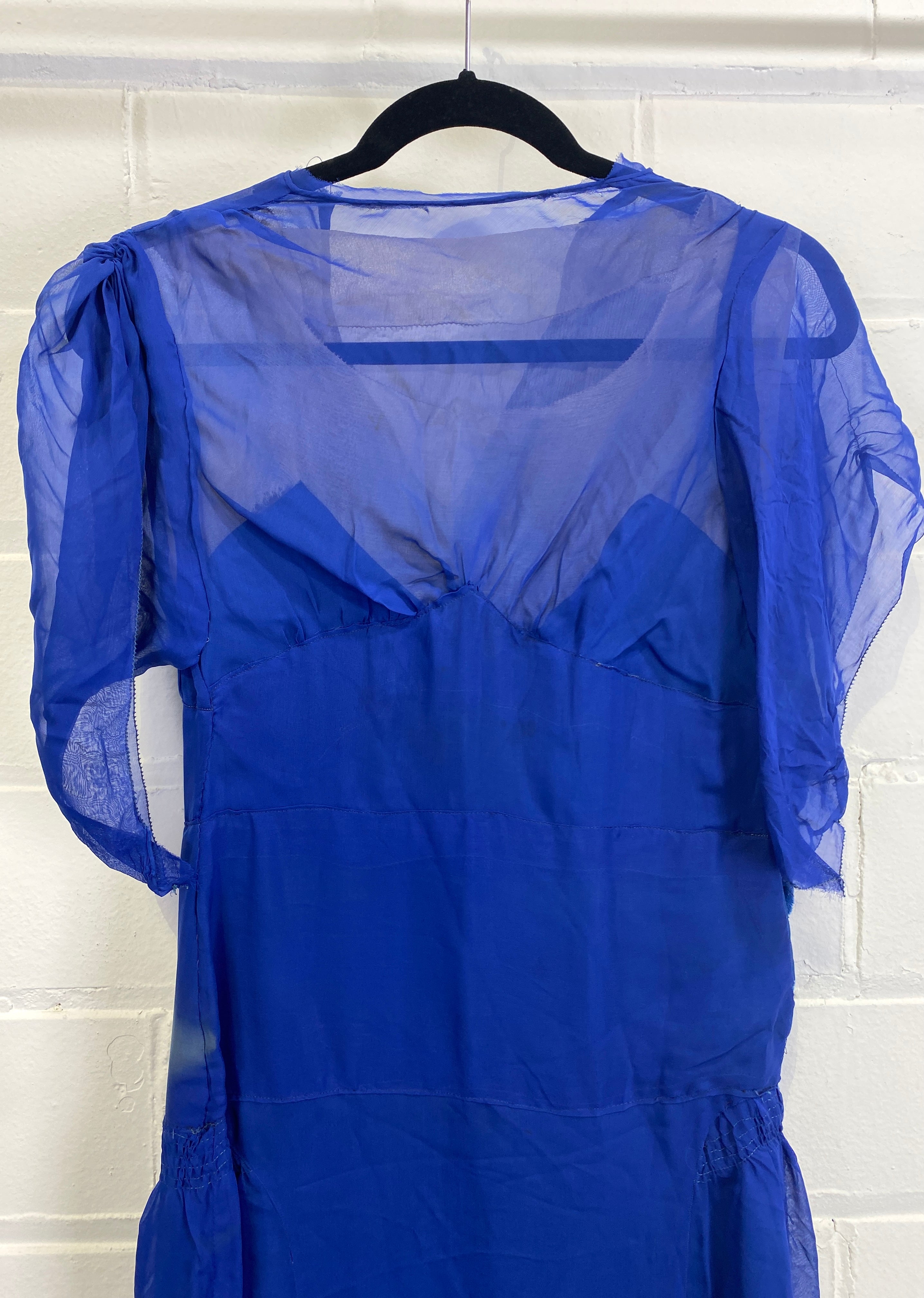 Vintage 1930s Royal Blue Silk Chiffon Dress, B32