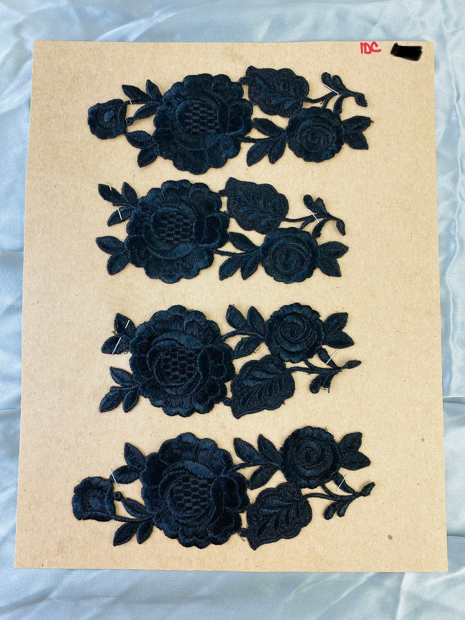 Antique Victorian Black Silk Floral Embroidered Appliqués, 4 Pieces