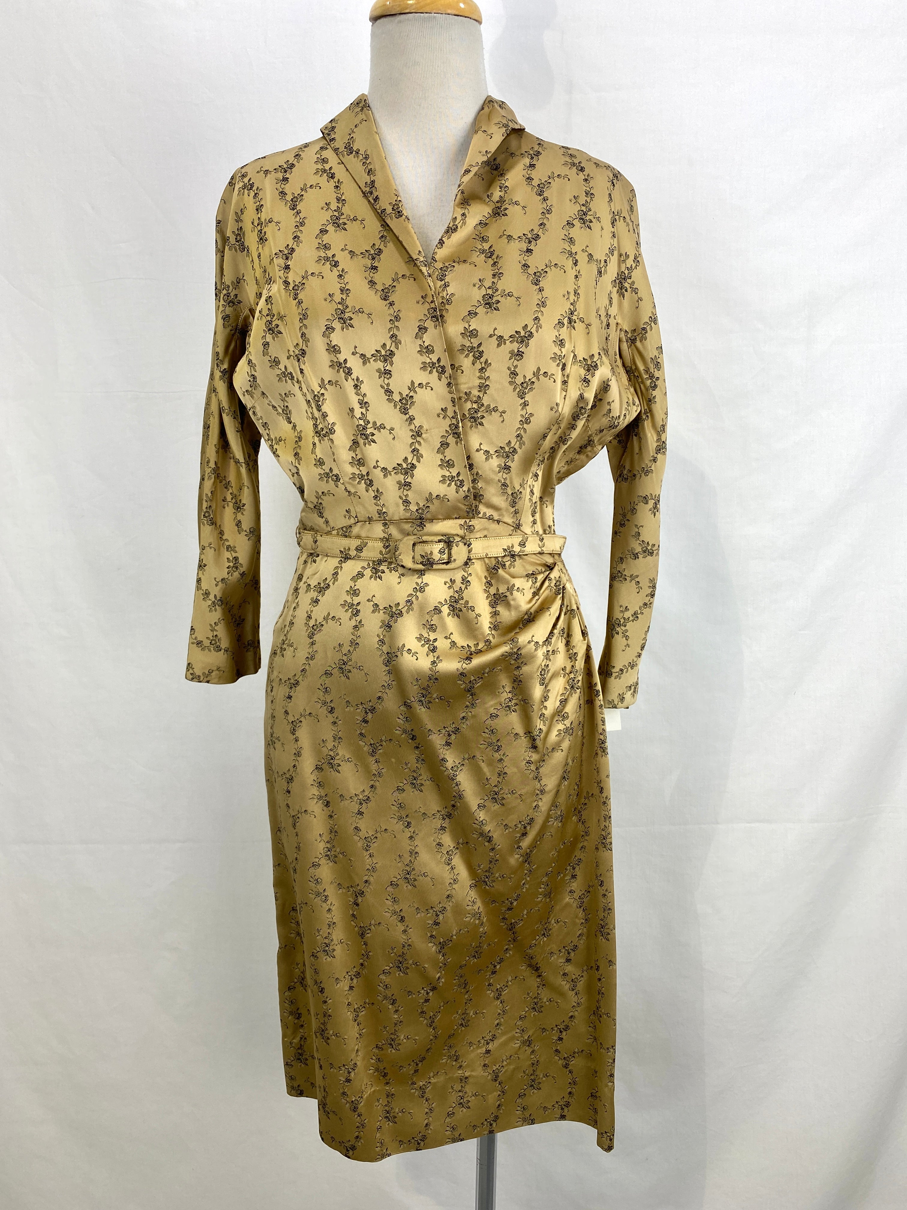 Vintage 1950s Gold Brocade Frederick Starke Dress with Belt, Small