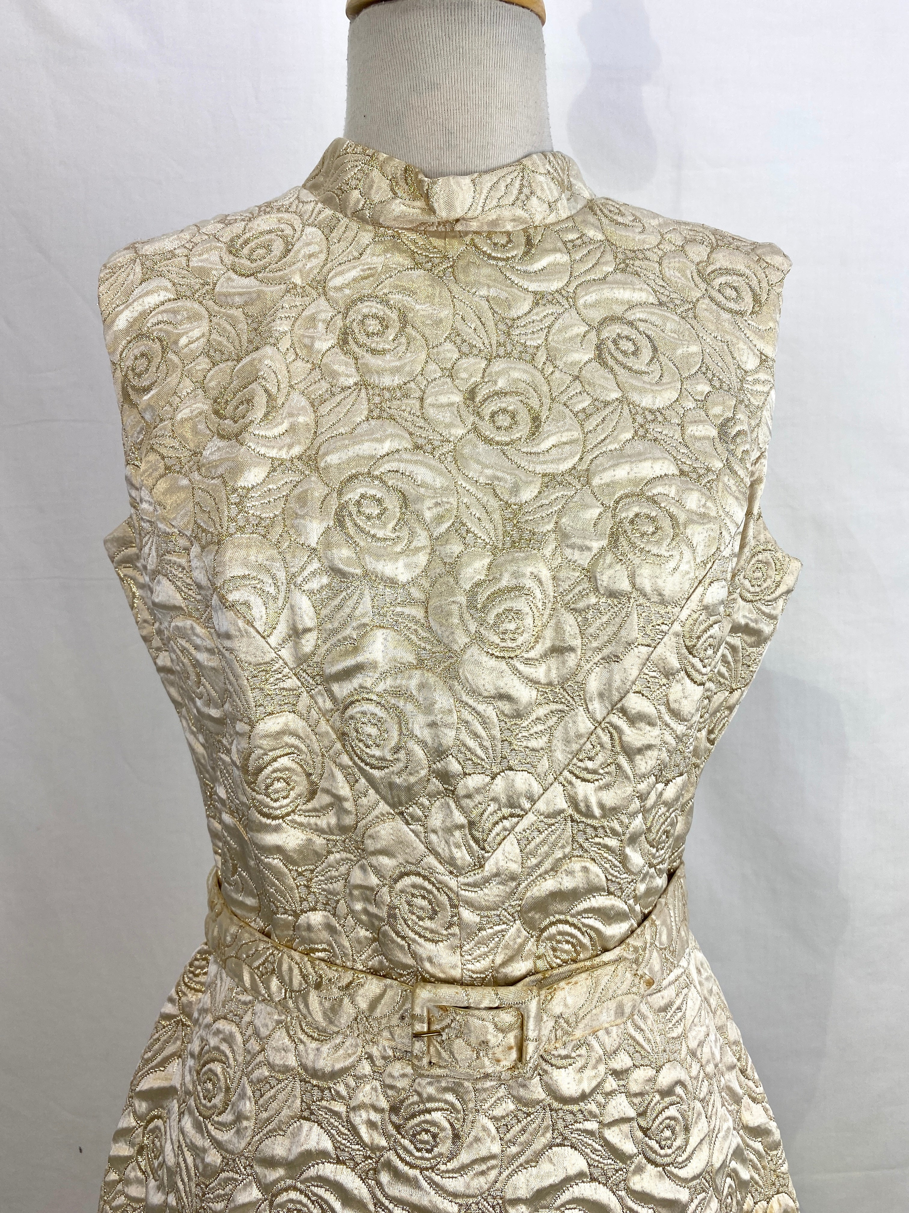 Vintage 1950s Metallic Gold Satin & Lurex Quilted Floral Dress, Medium