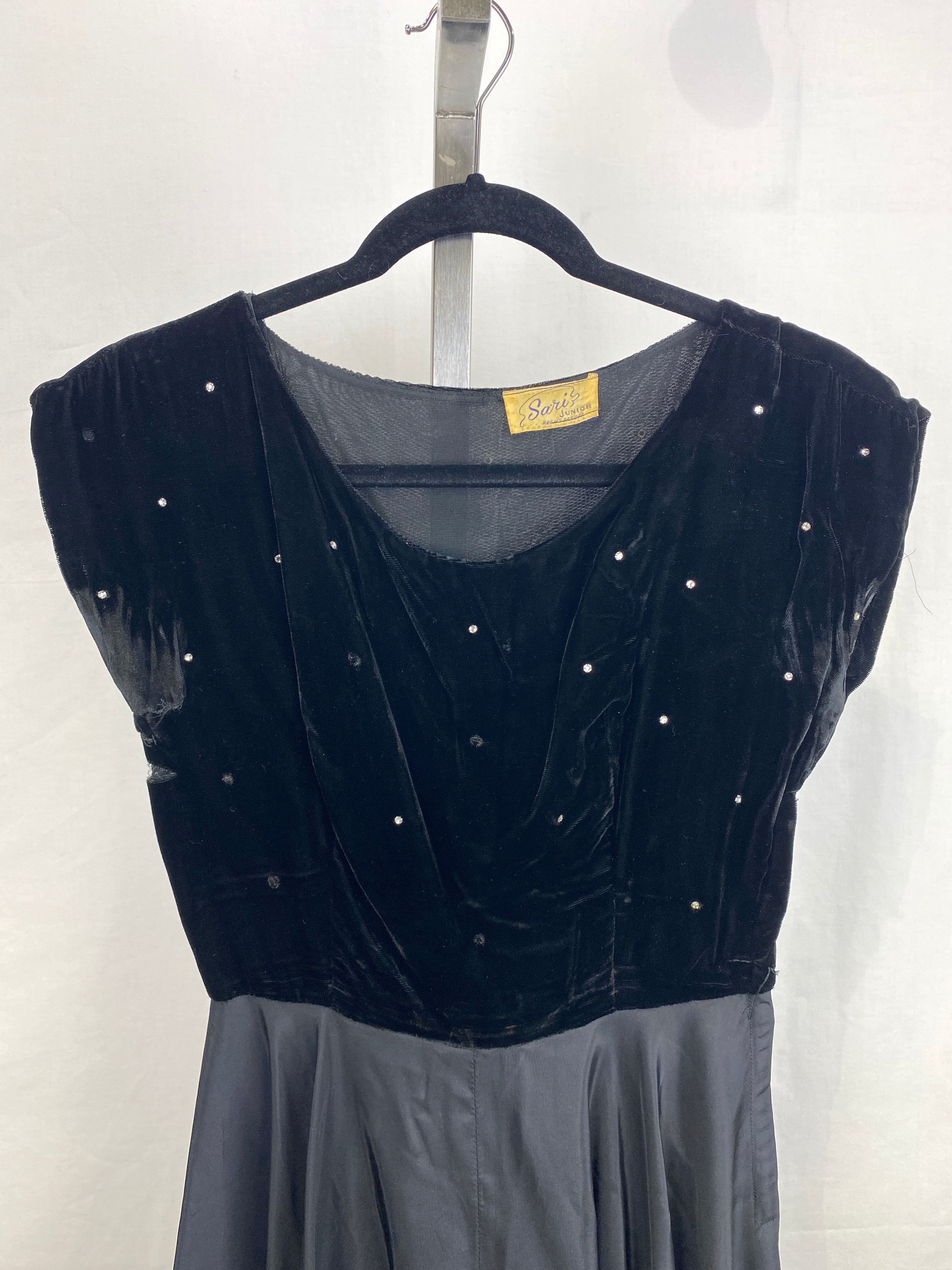 Vintage 1950s Black Velvet Rhinestone Cocktail Dress, Small