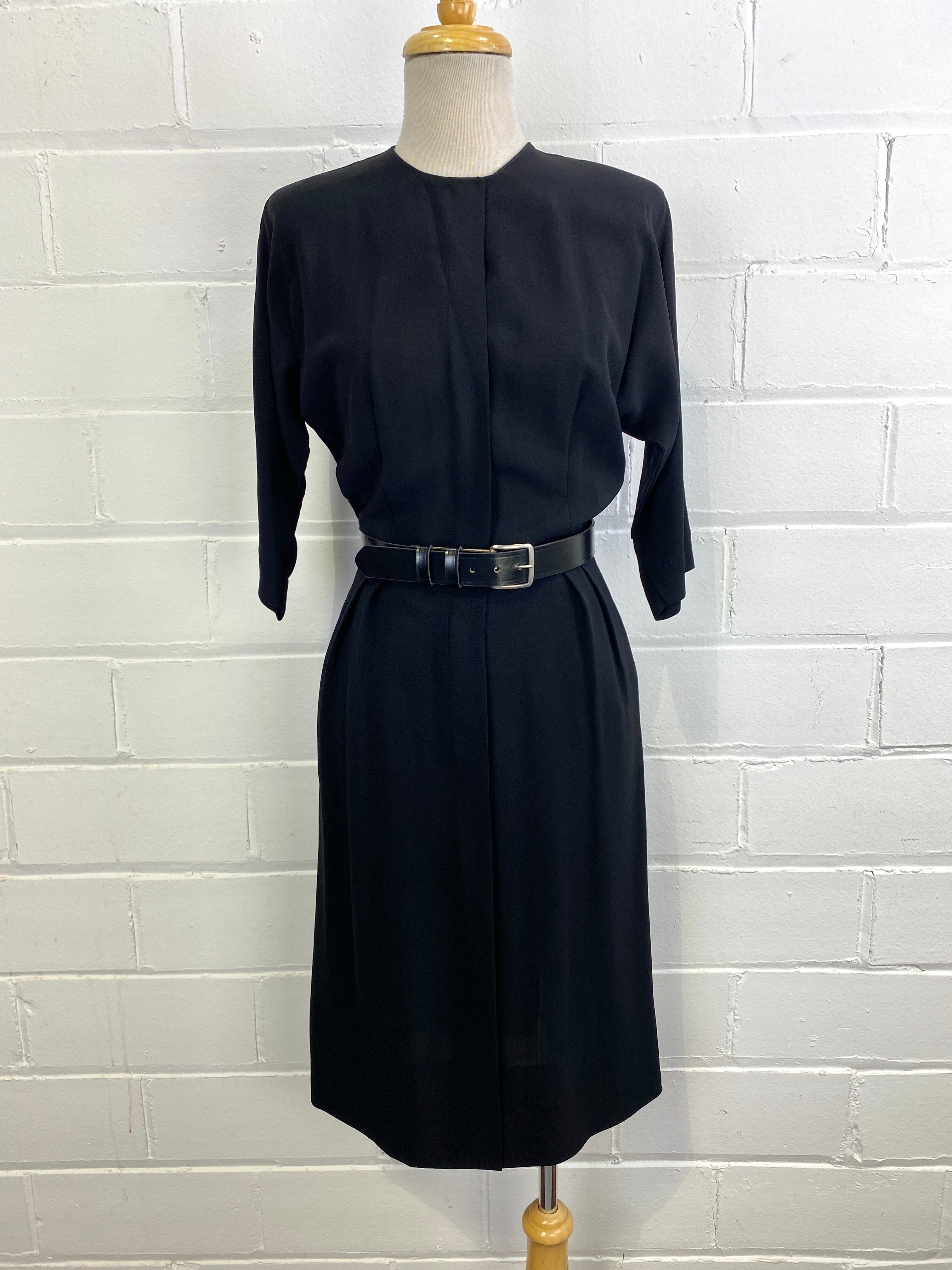 Vintage 1950s Minimalist Black Zip Day Dress, Small