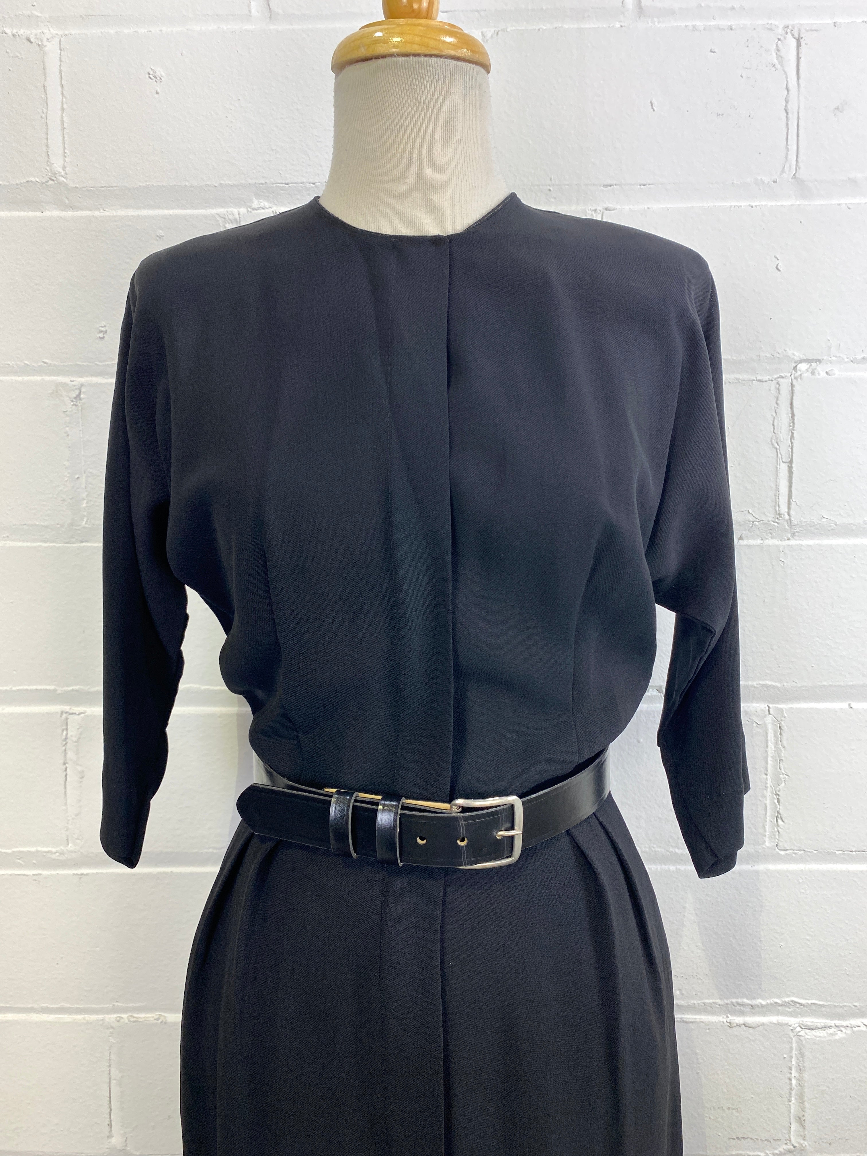 Vintage 1950s Minimalist Black Zip Day Dress, Small