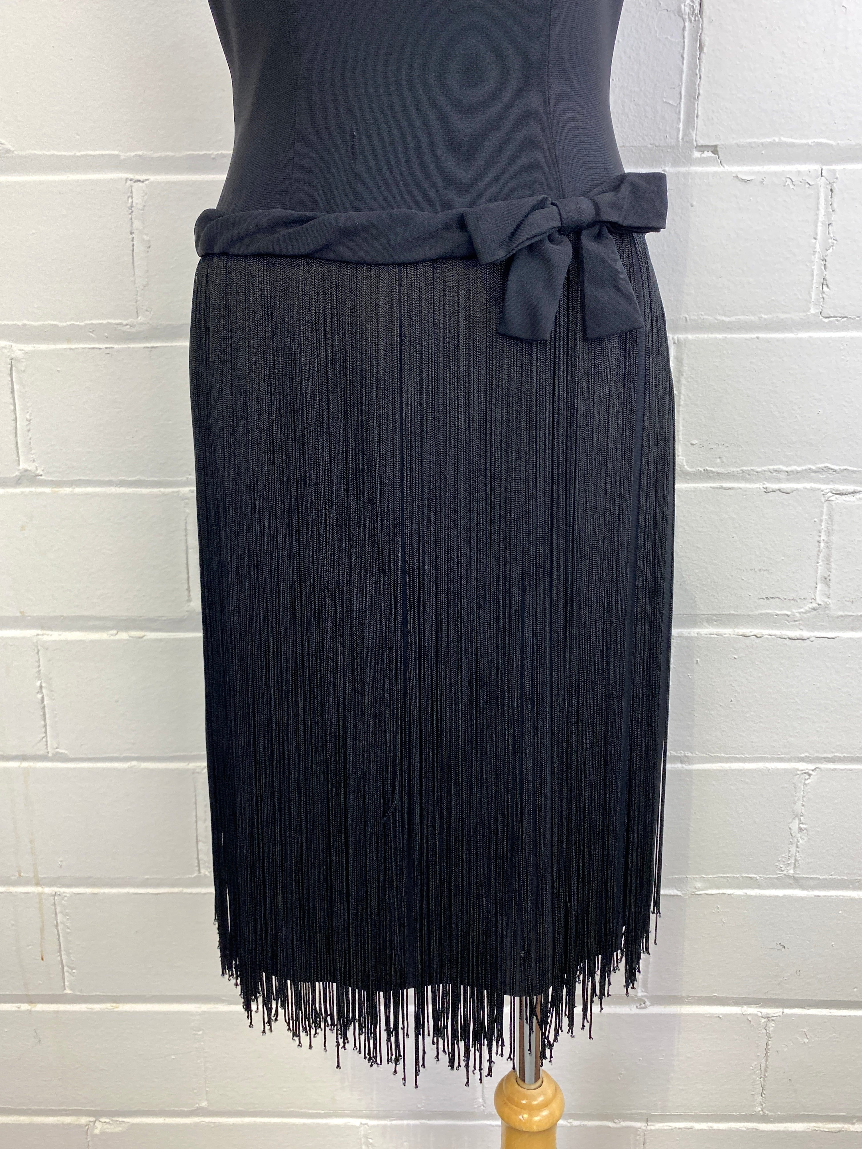 Vintage 1960s Does 20s Party Dress with Fringe Skirt & Waist Bow, Small