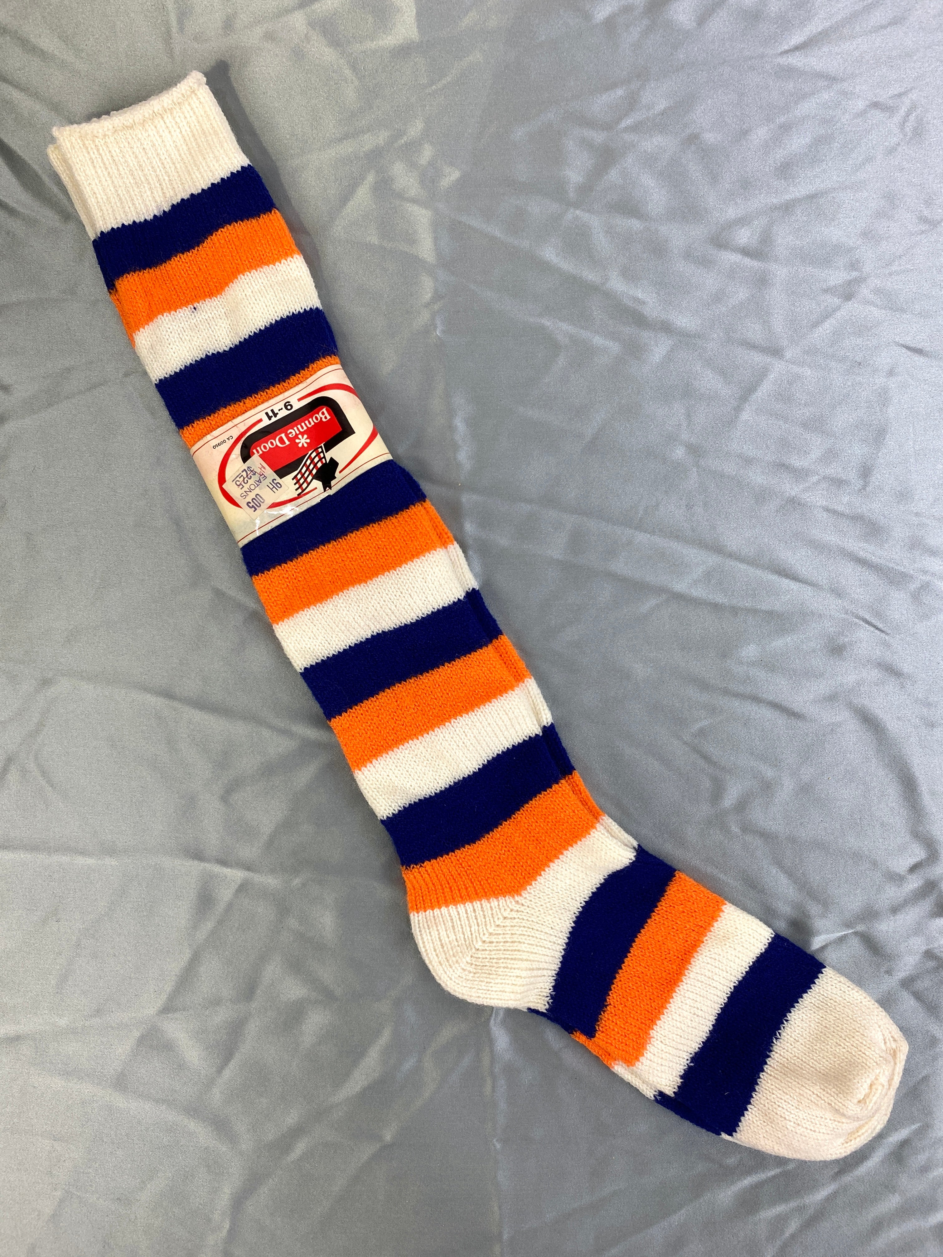 Vintage 1970s Deadstock Bonnie Doon White, Blue & Orange Striped Knee Acrylic Socks, x1