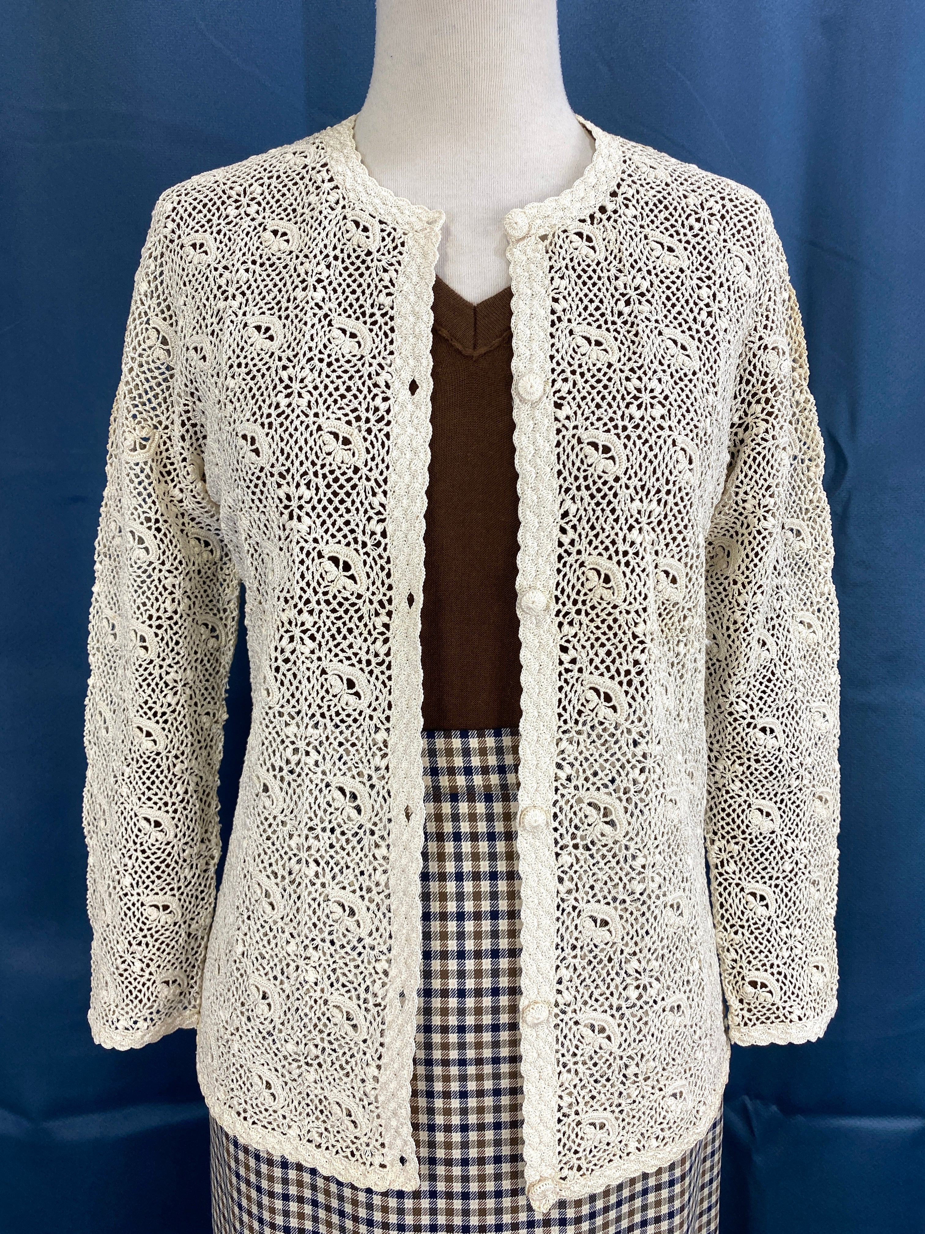 Vintage 1960s Cream Cotton Irish Crochet Lace Cardigan, XS