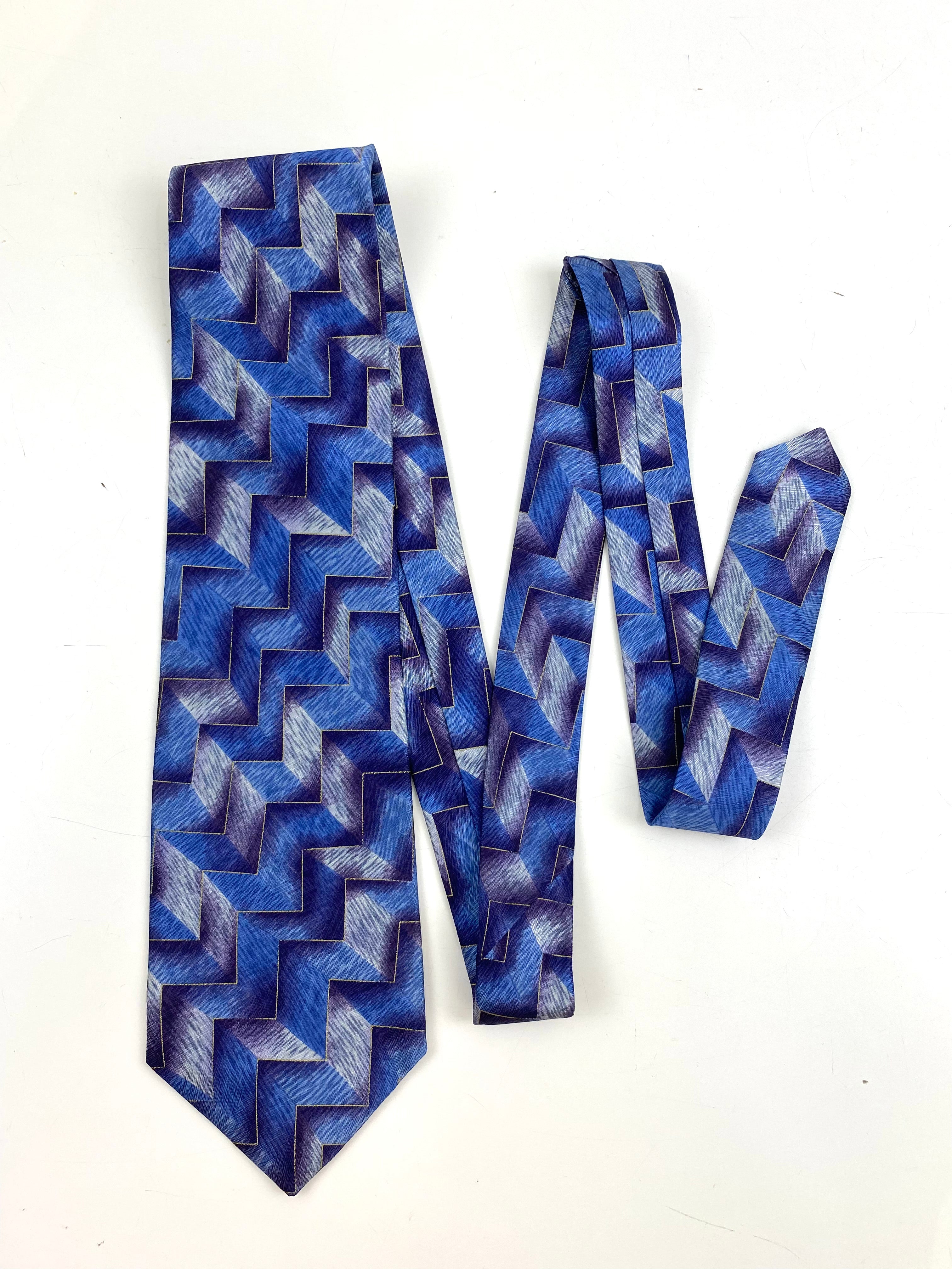 90s Deadstock Silk Necktie, Men's Vintage Blue/ Purple 3D Chevron Pattern Tie, NOS