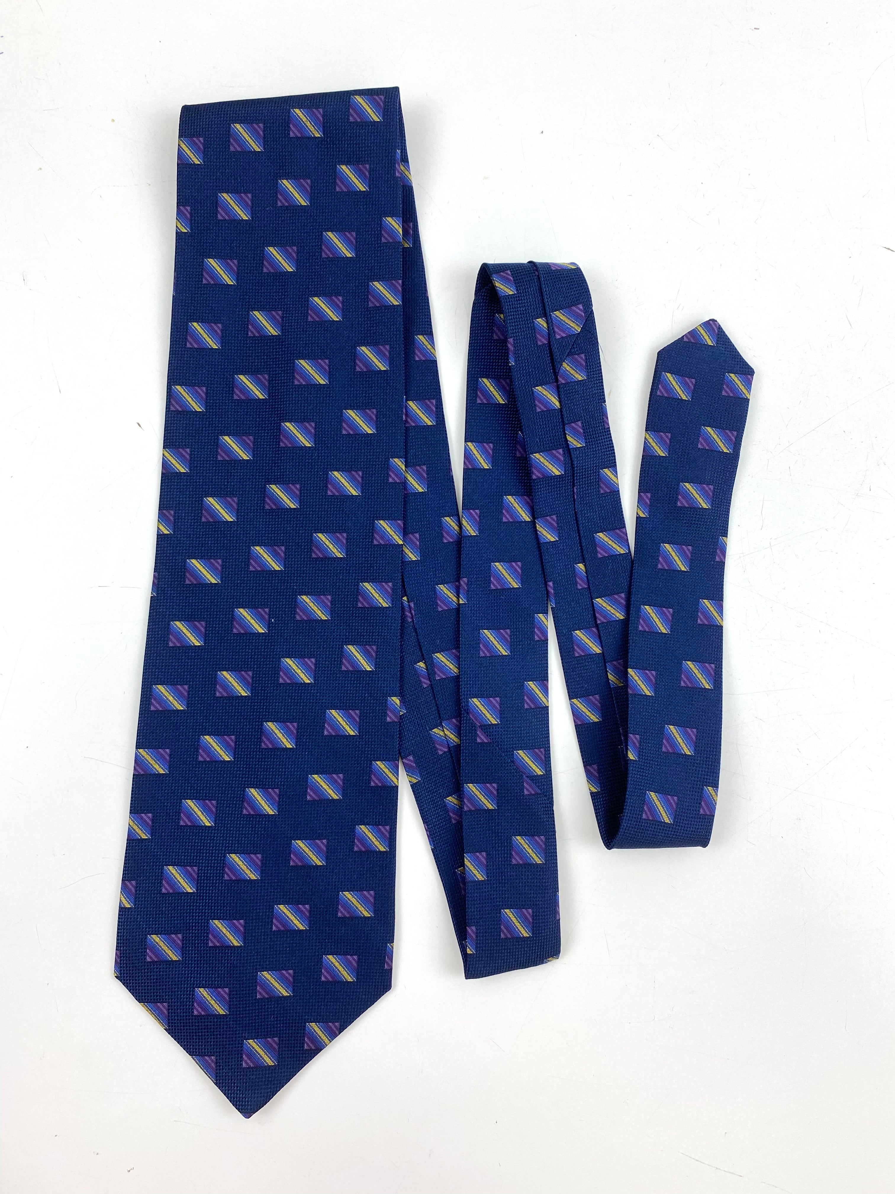 90s Deadstock Silk Necktie, Men's Vintage Blue/ Purple Square Pattern Tie, NOS