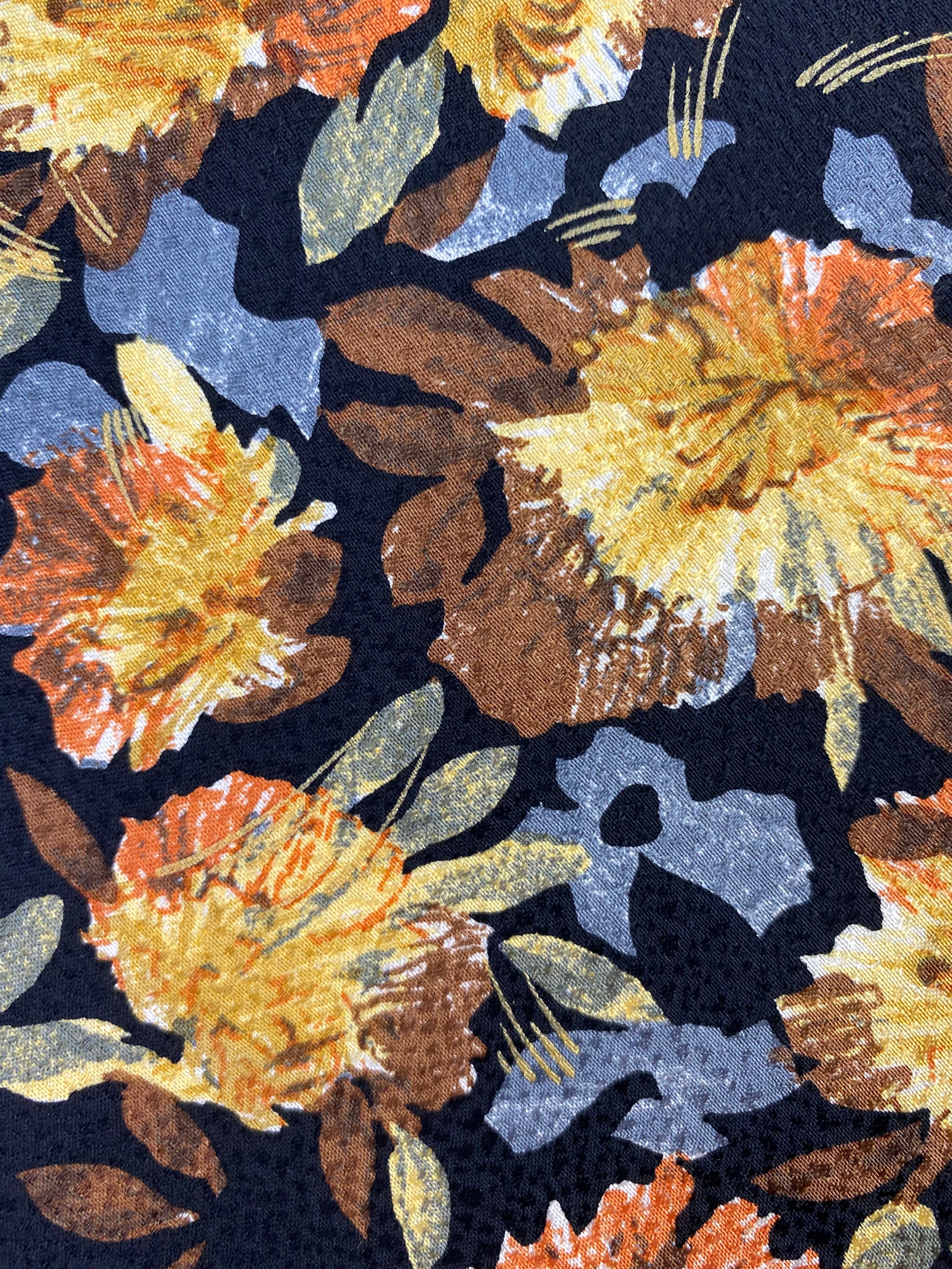 90s Deadstock Silk Necktie, Men's Vintage Gold Blue Floral Pattern Tie, Black Background, NOS