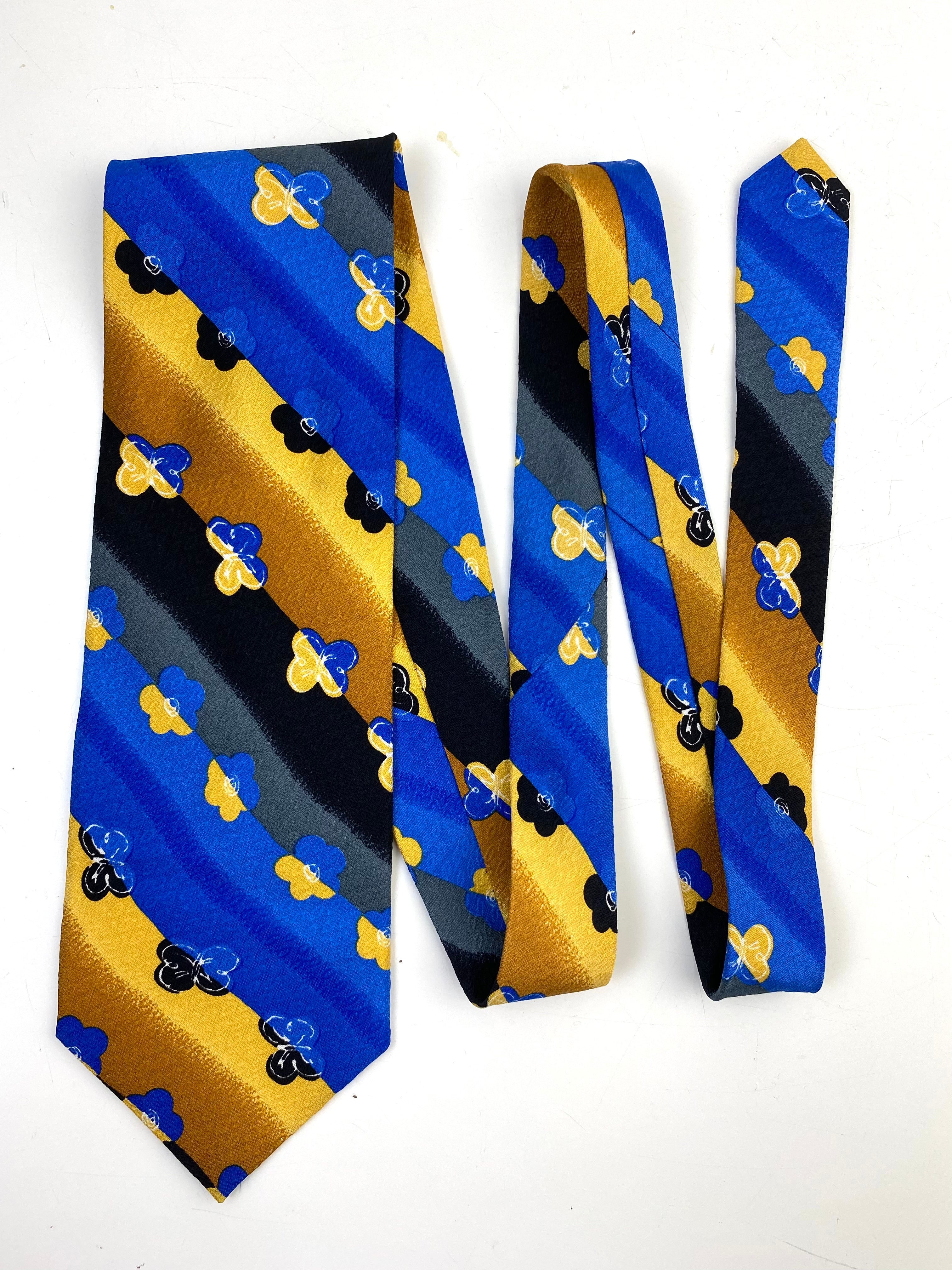 90s Deadstock Silk Necktie, Men's Vintage Gold/Blue/Black Diagonal Stripe Floral Butterfly Pattern Tie, NOS