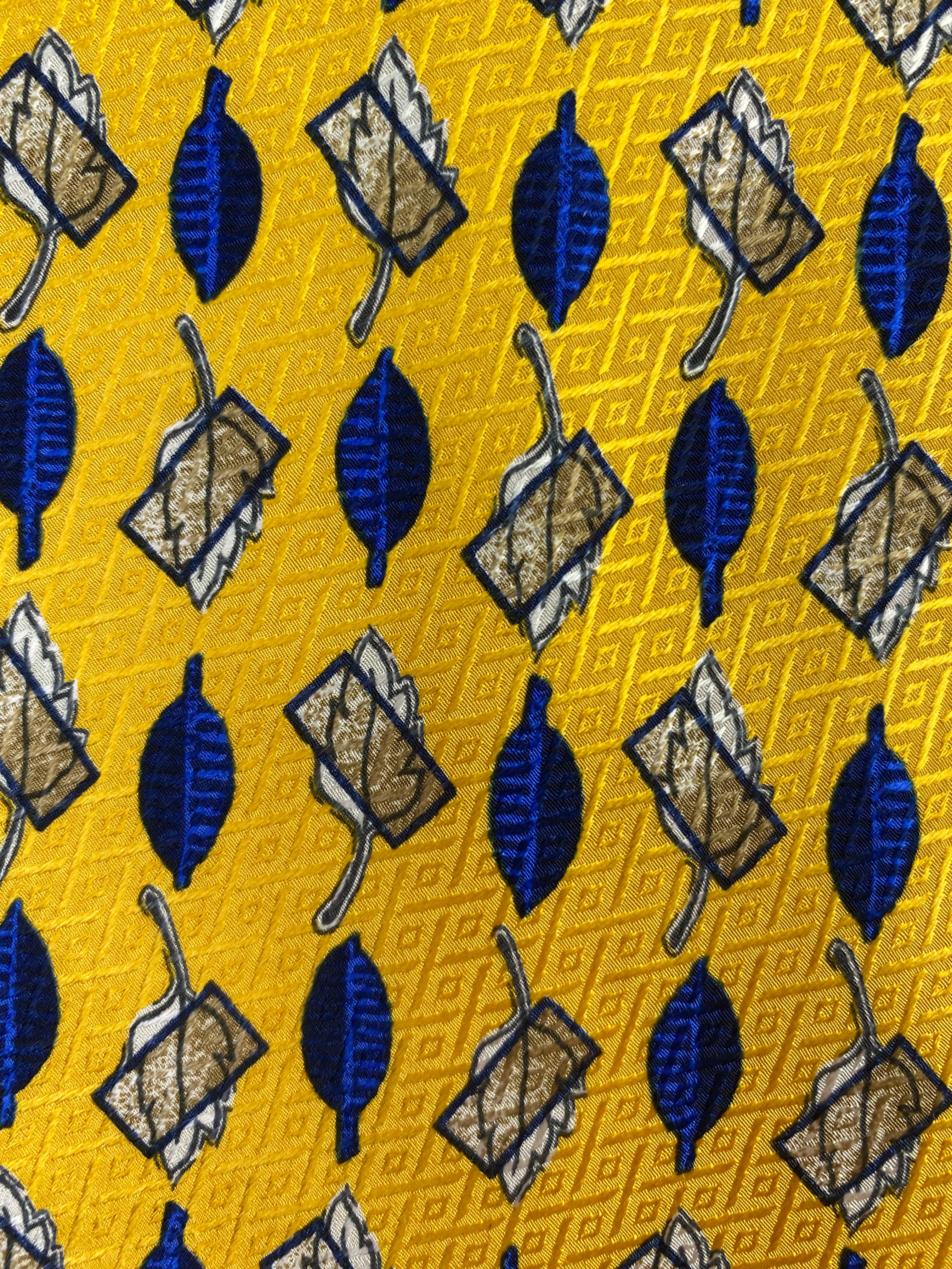 90s Deadstock Silk Necktie, Men's Vintage Gold/ Blue Leaf Pattern Tie, NOS