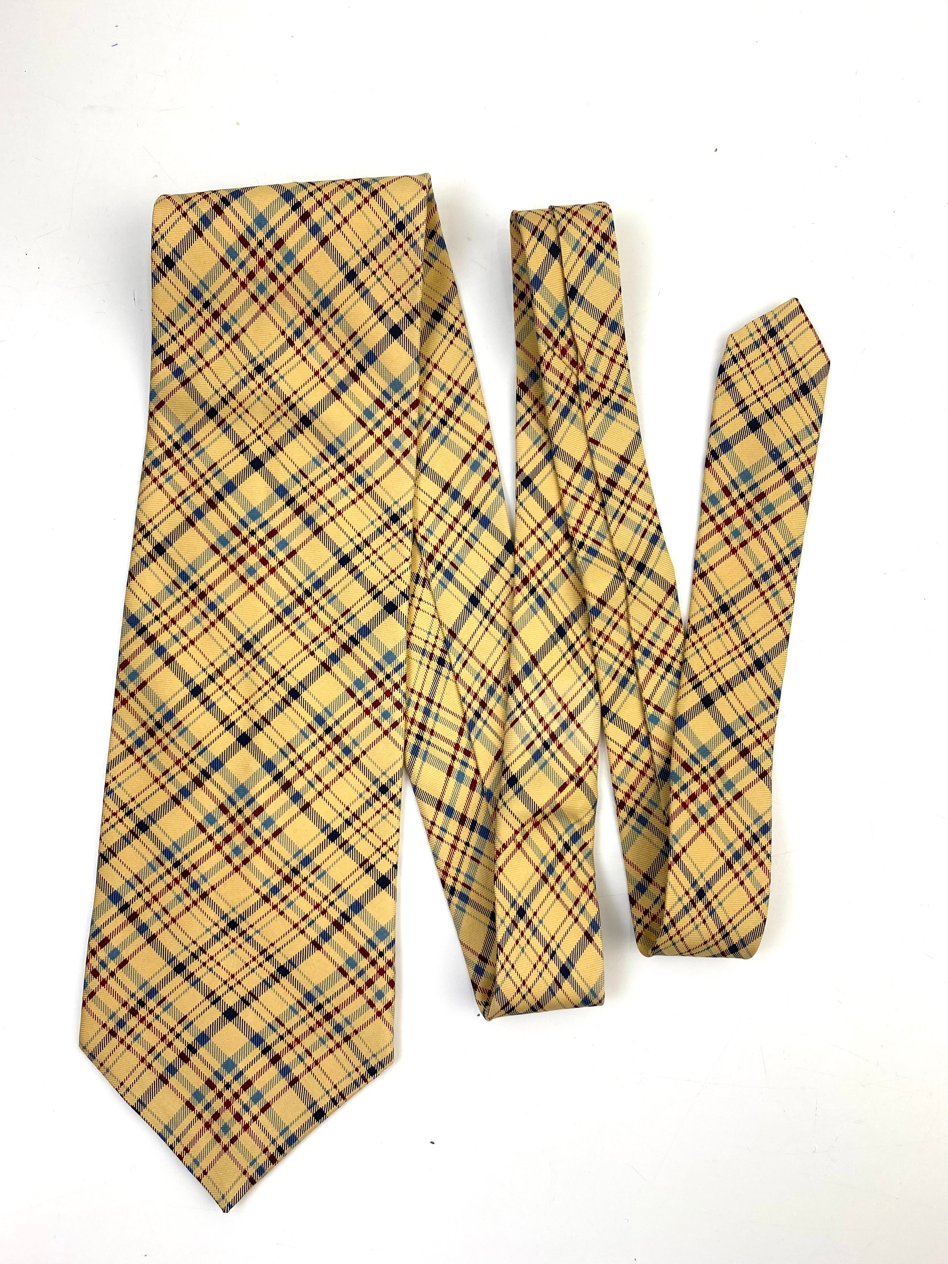 90s Deadstock Silk Necktie, Men's Vintage Gold Plaid Pattern Tie, NOS