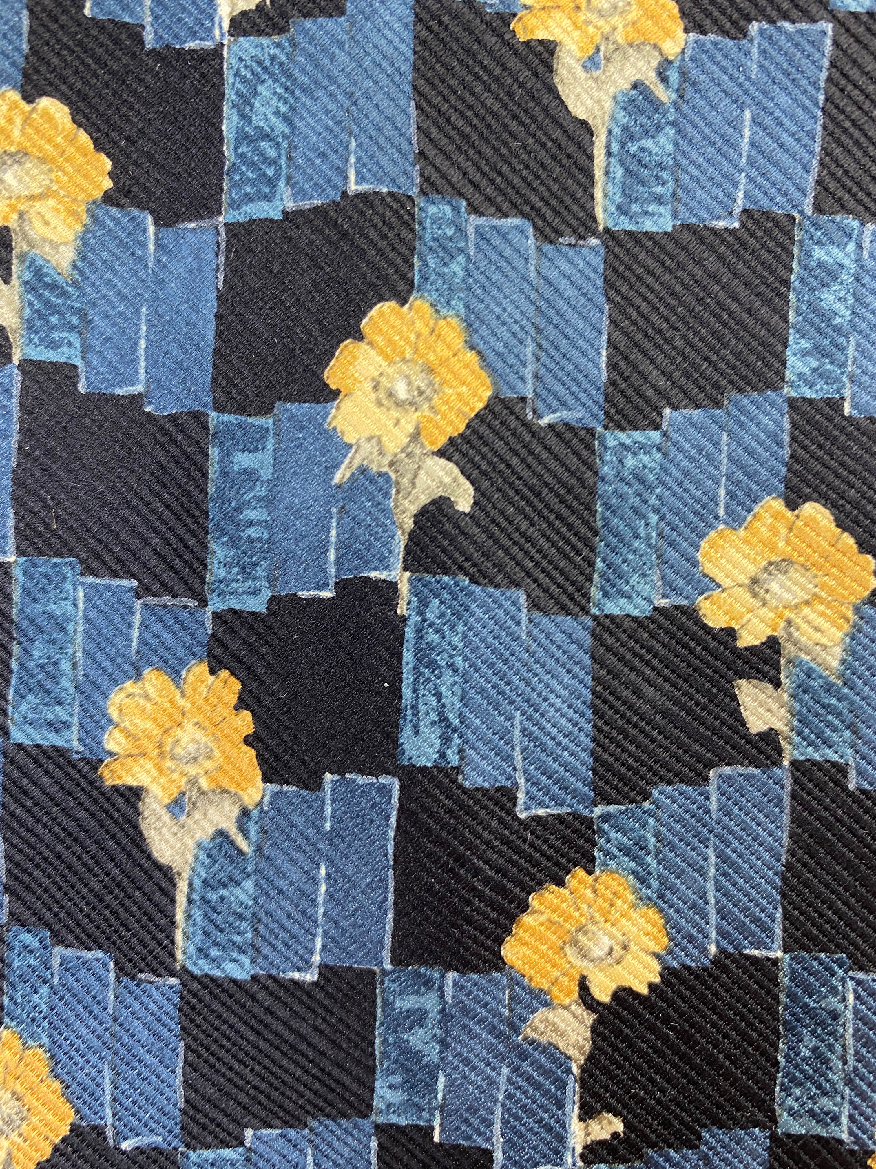 90s Deadstock Silk Necktie, Men's Vintage Blue/Gold Floral Geometric Pattern Tie, NOS