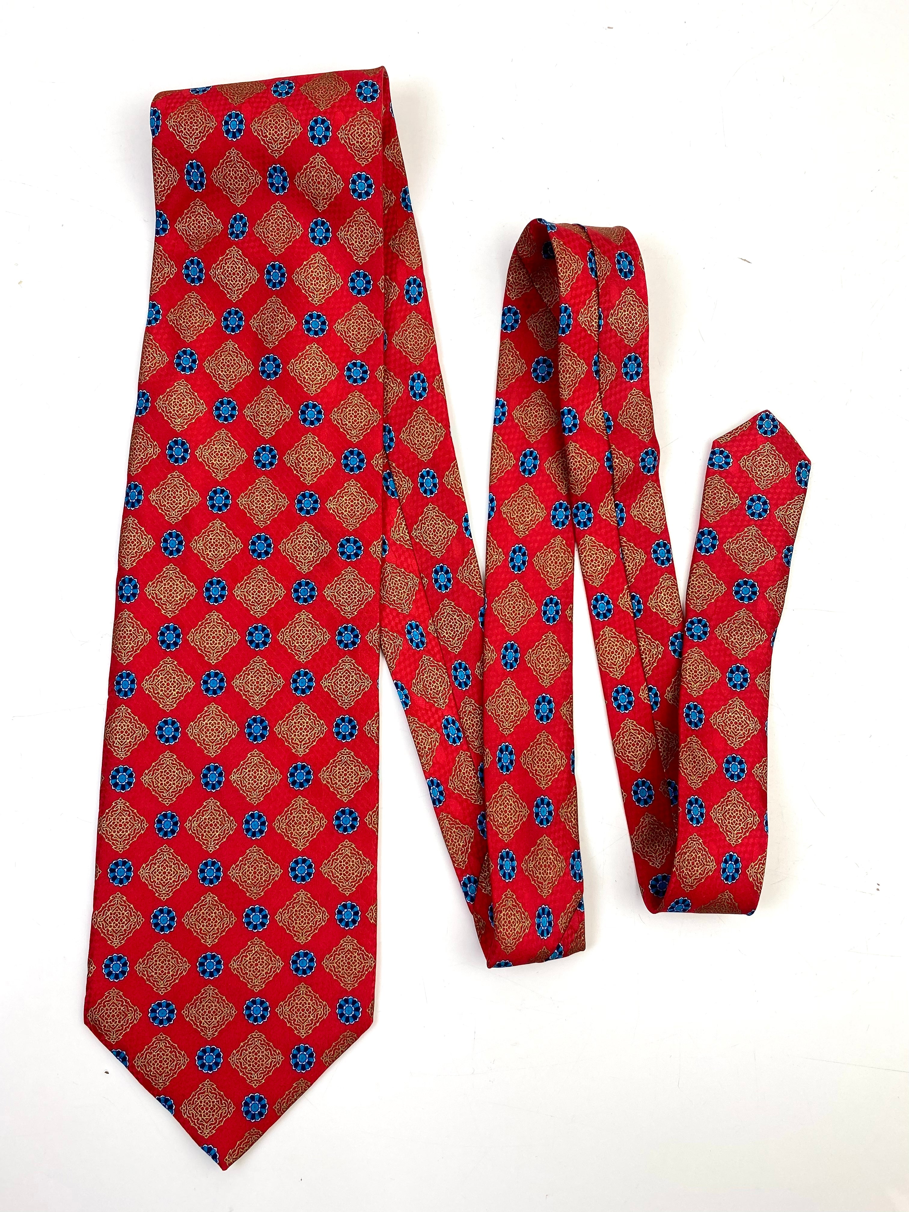 90s Deadstock Silk Necktie, Men's Vintage Red/Blue Foulard Medallion Pattern Tie, NOS