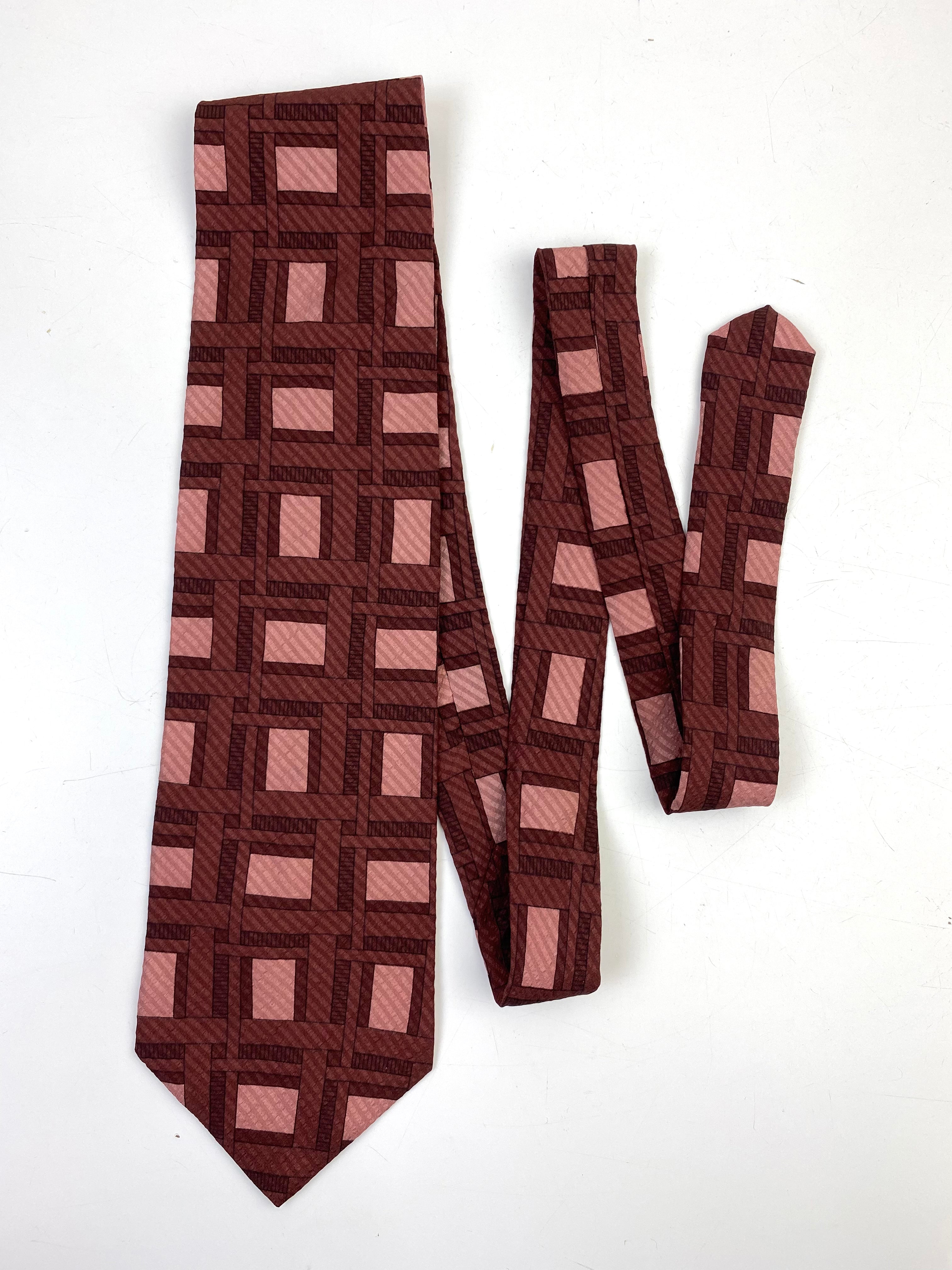 90s Deadstock Silk Necktie, Men's Vintage Brown/ Pink Lattice Pattern Tie, NOS